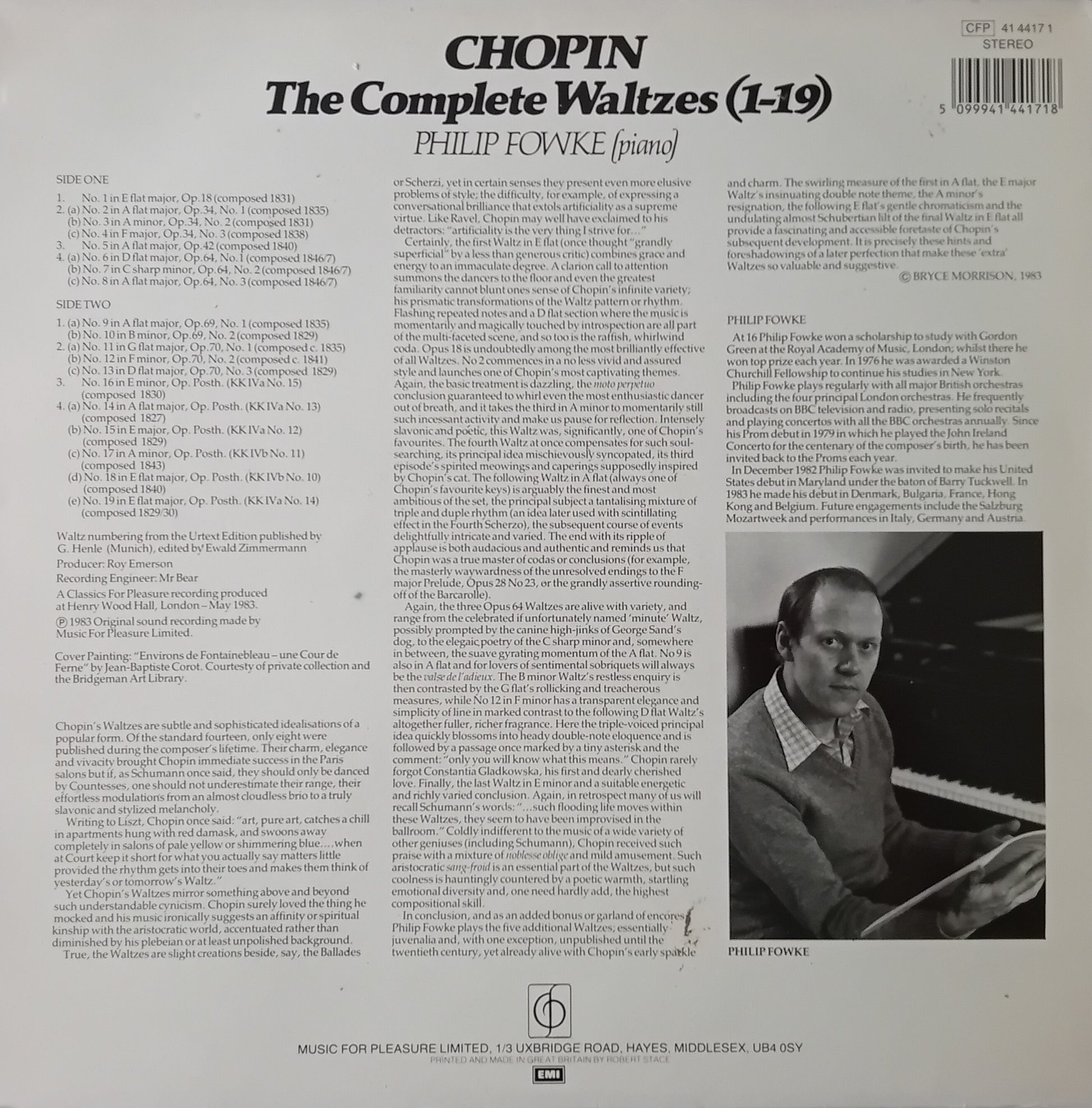 Back cover of a music album featuring Chopin's complete waltzes with a portrait of a pianist.
