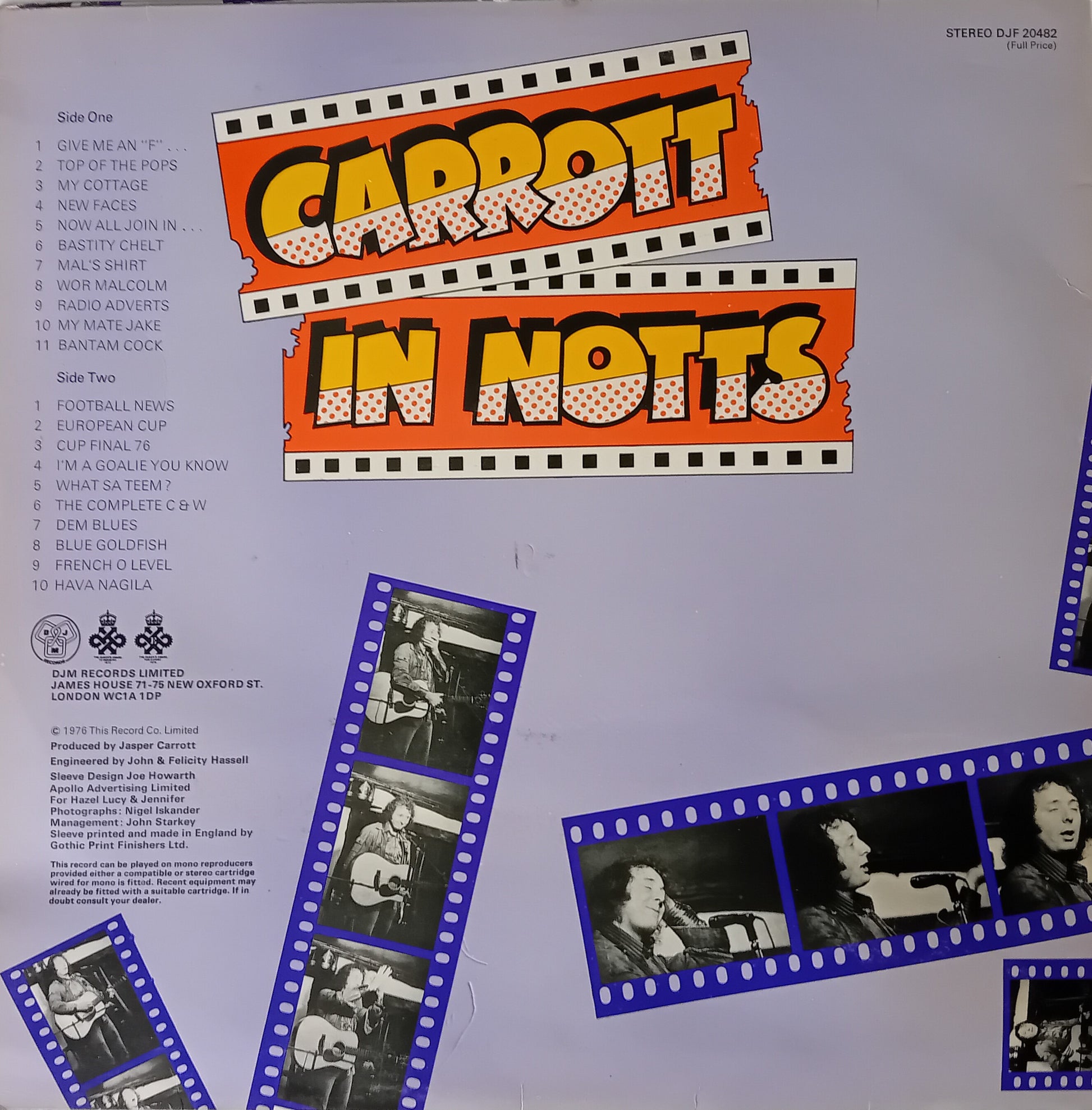 Vinyl record cover with 'Carrott in Notts' design and film strip elements.