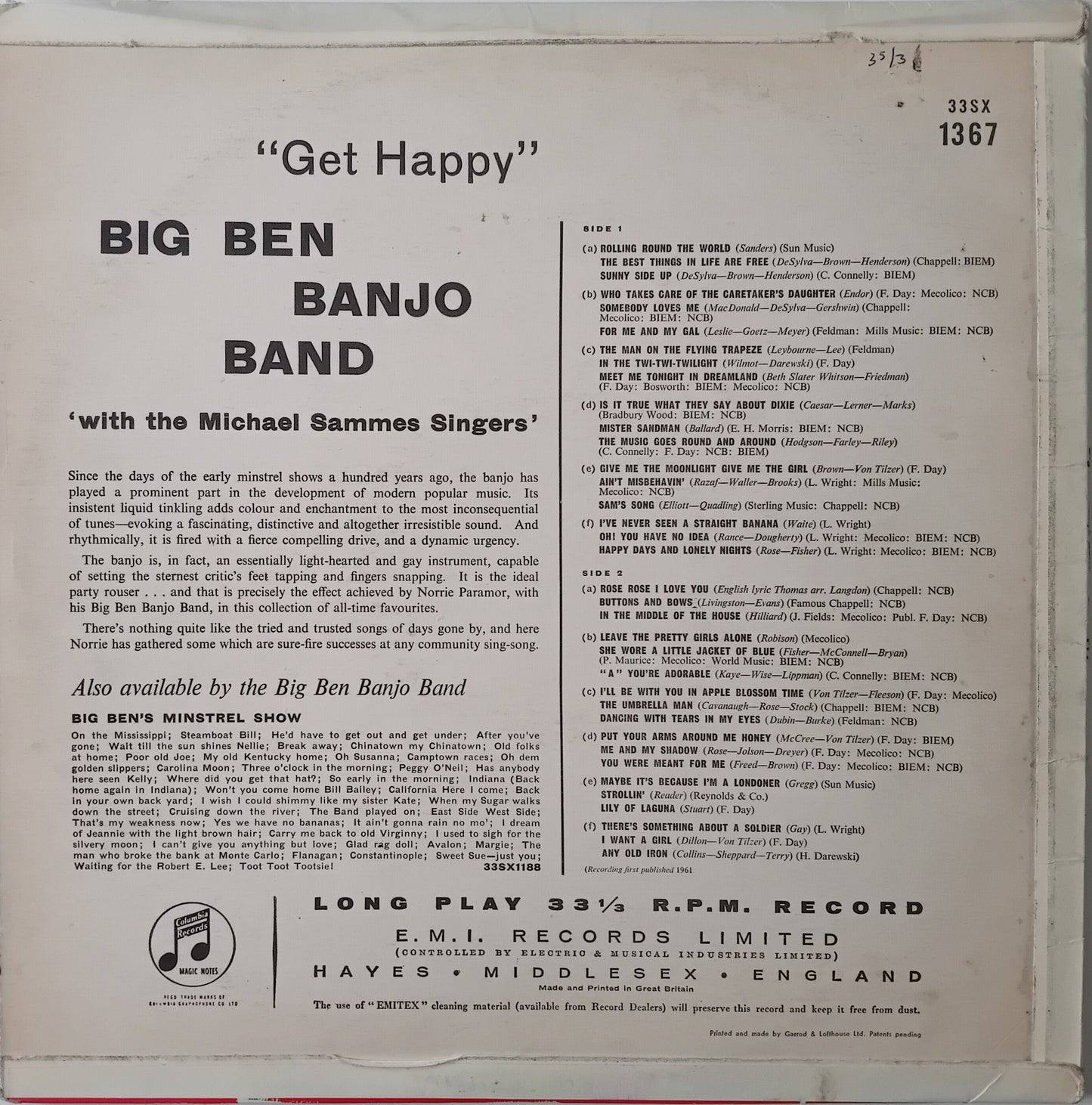 Back cover of a vinyl record featuring text about 'Get Happy' by Big Ben Banjo Band with the Michael Sammes Singers.