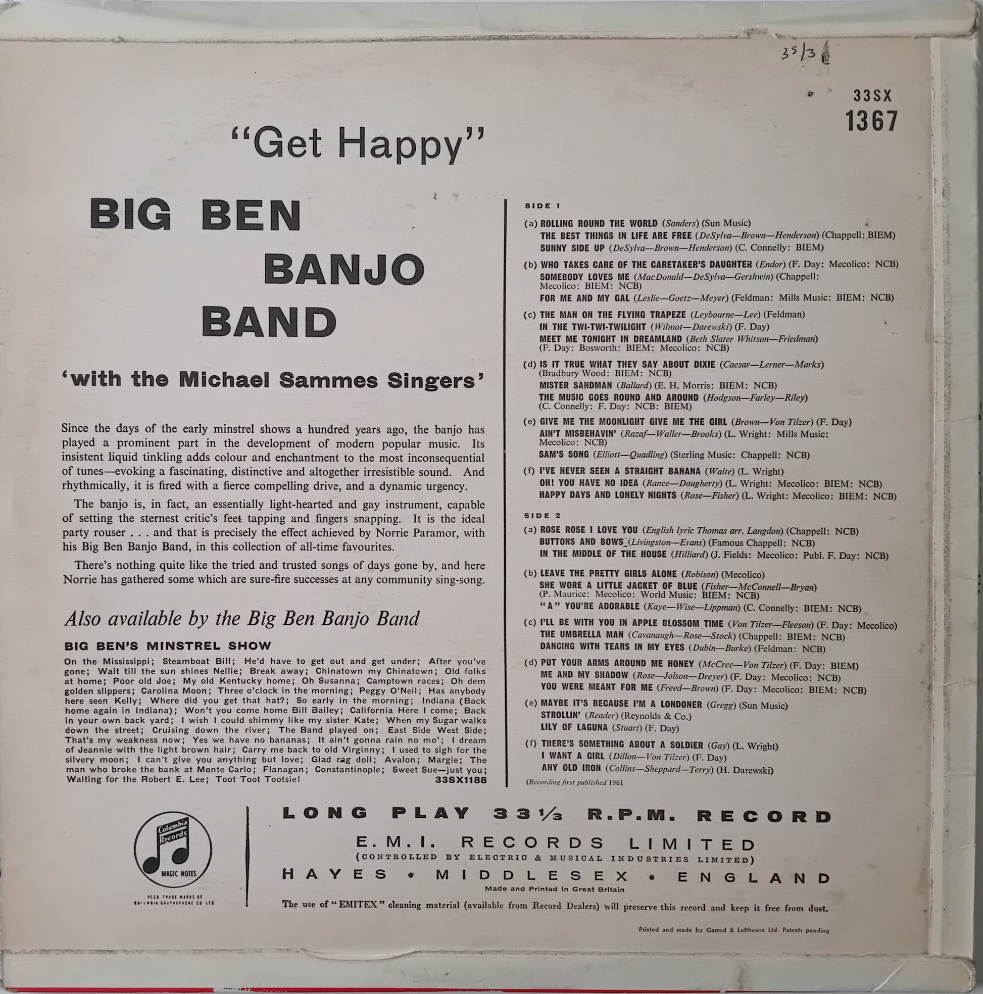 Back cover of a vinyl record featuring text about 'Get Happy' by Big Ben Banjo Band with the Michael Sammes Singers.