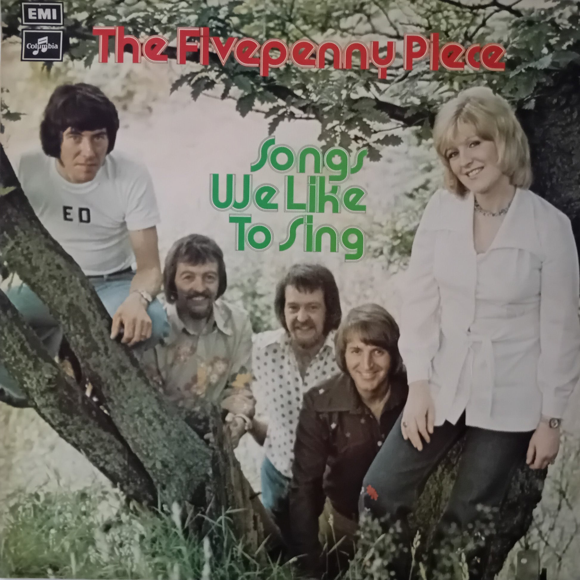 Album cover of 'The Fivepenny Piece Songs We Like To Sing' with a group of people in a natural setting.