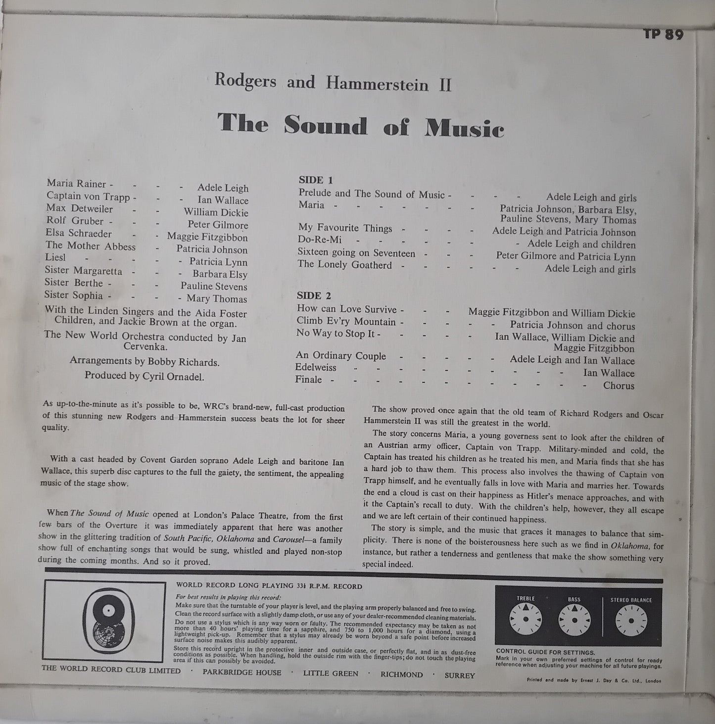 Rodgers & Hammerstein – The Sound Of Music (World Record Club) 12" vinyl LP VG/VG