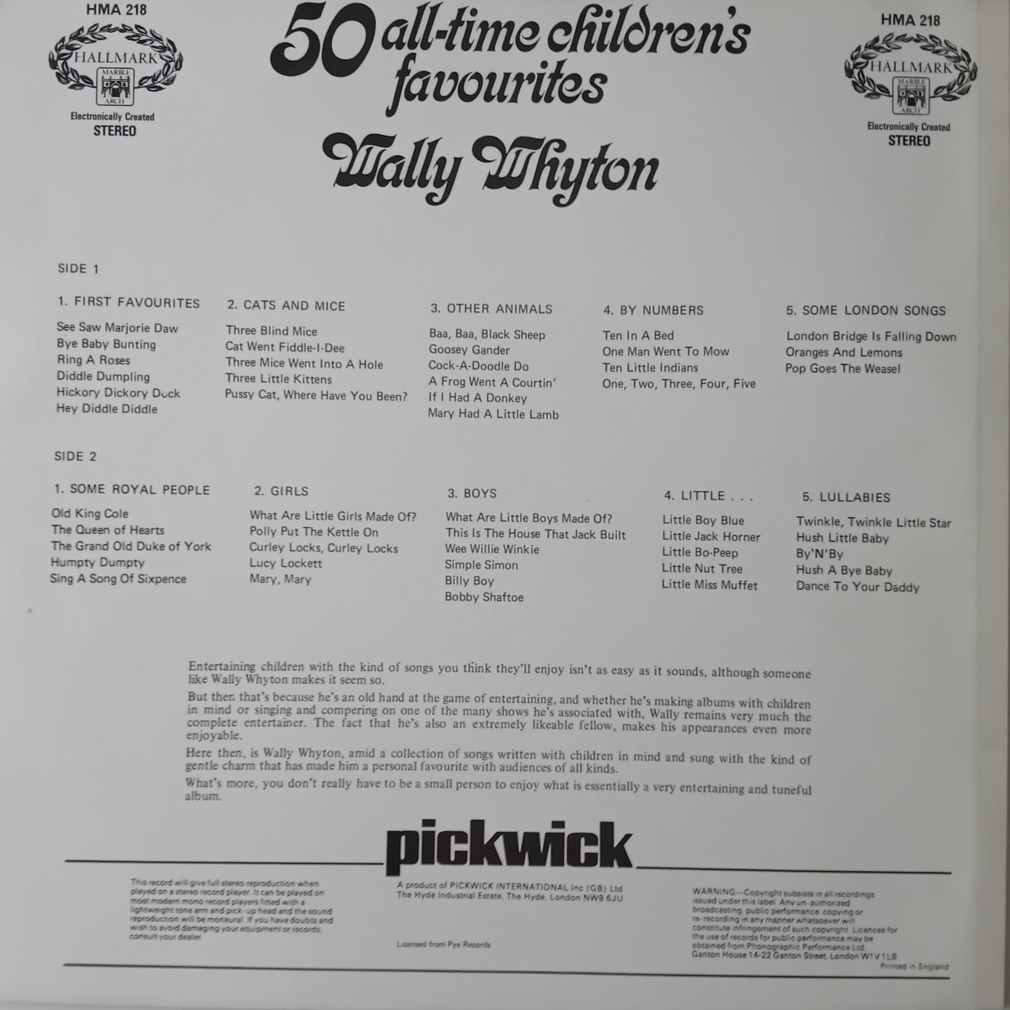 Wally Whyton ‎– 50 All-Time Children's Favourites (Hallmark) 12" vinyl LP VG/VG