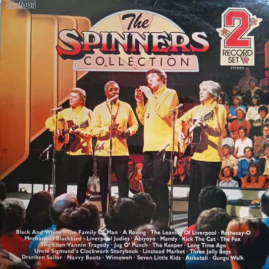 Album cover for 'The Spinners Collection' with four men in yellow shirts on stage.