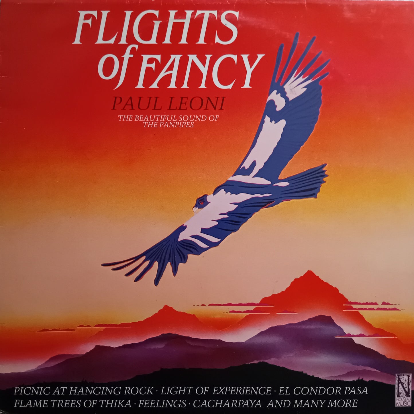 Album cover for 'Flights of Fancy' by Paul Leoni with a bird and mountain design.