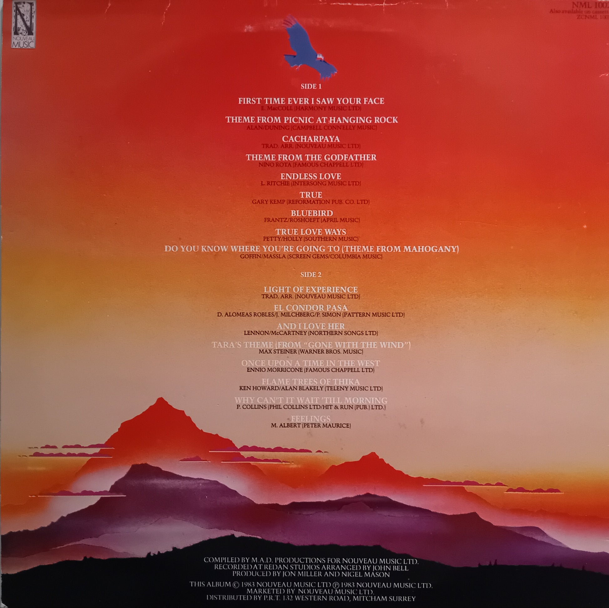 Album cover with mountain landscape and text on a red and orange gradient background