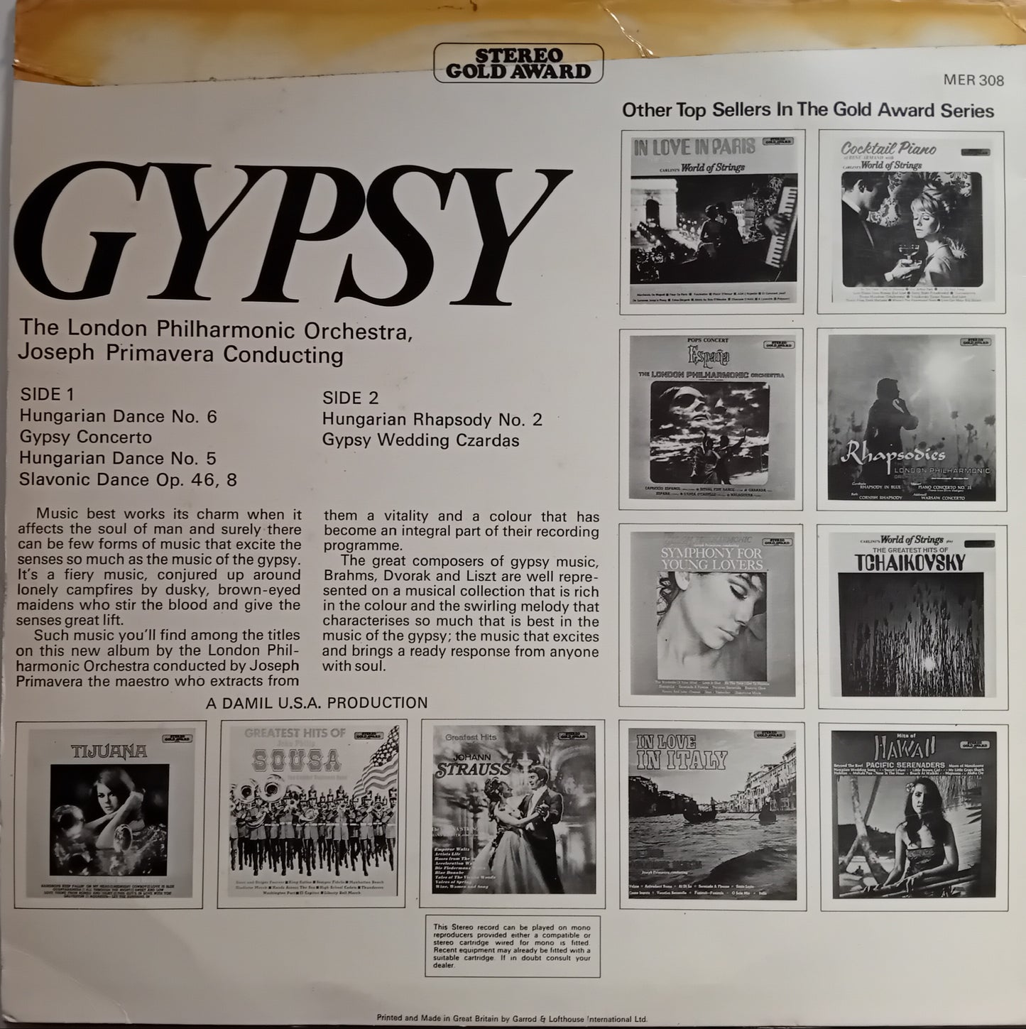 Album cover of 'Gypsy' by The London Philharmonic Orchestra with text and small images.