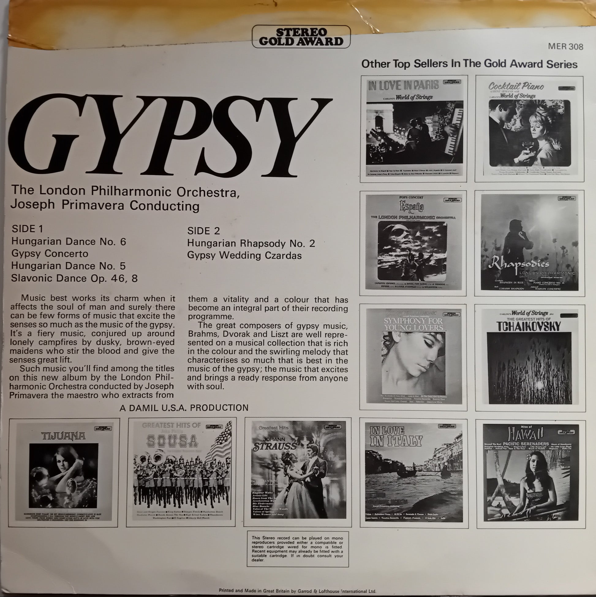 Album cover of 'Gypsy' by The London Philharmonic Orchestra with text and small images.
