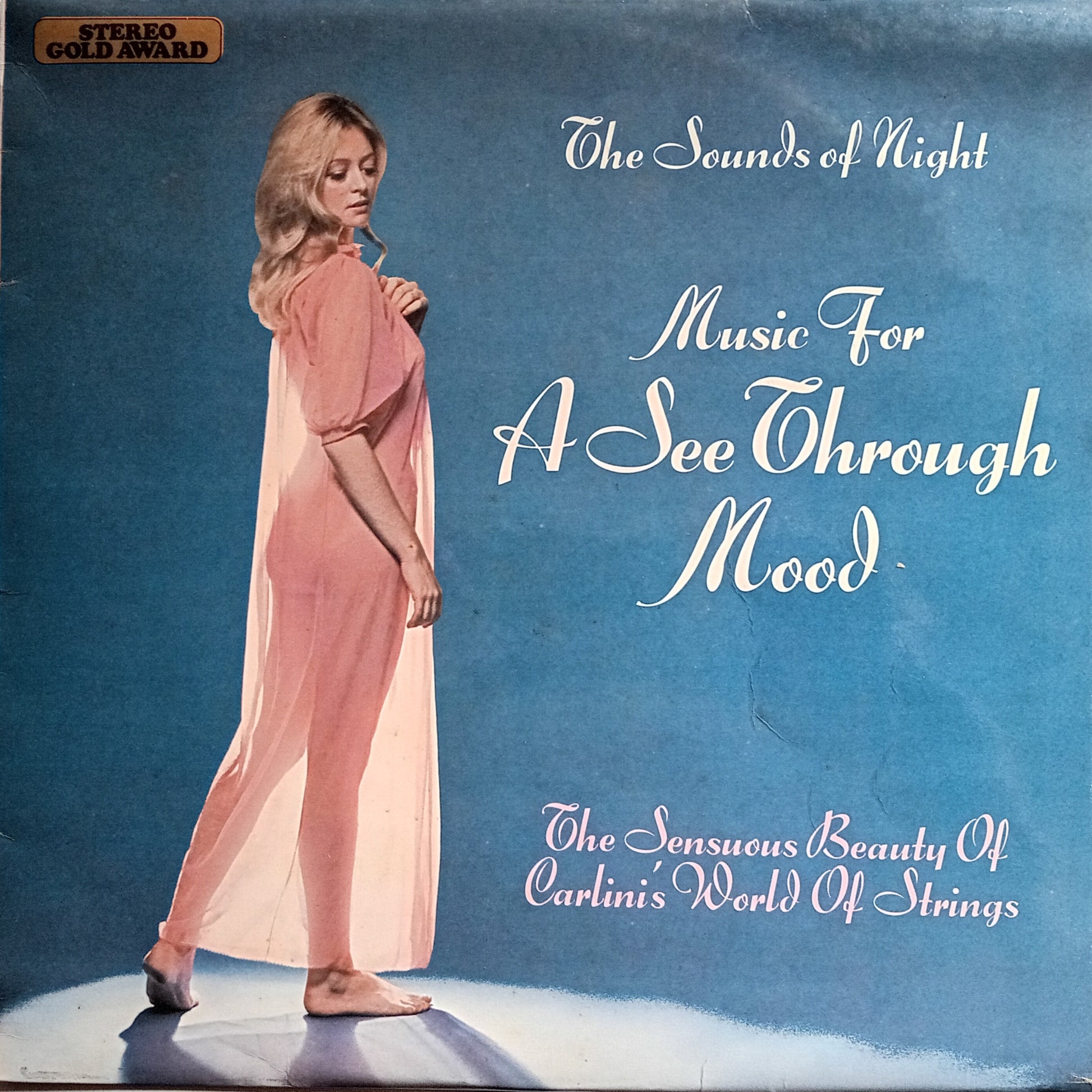 Album cover with a woman in a pink dress against a blue background, featuring text about music for a 'See Through Mood'.
