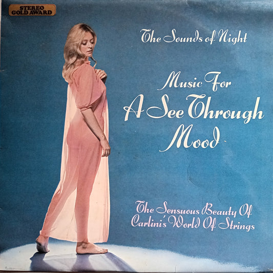 Album cover with a woman in a pink dress against a blue background, featuring text about music for a 'See Through Mood'.