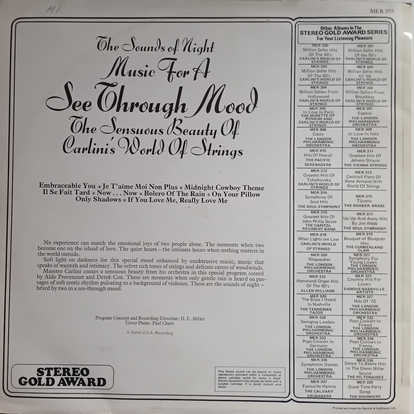 Back cover of a vinyl record with text and album details.