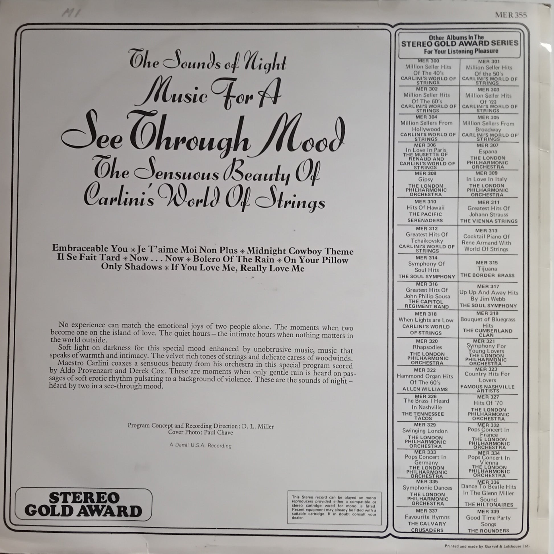 Back cover of a vinyl record with text and album details.