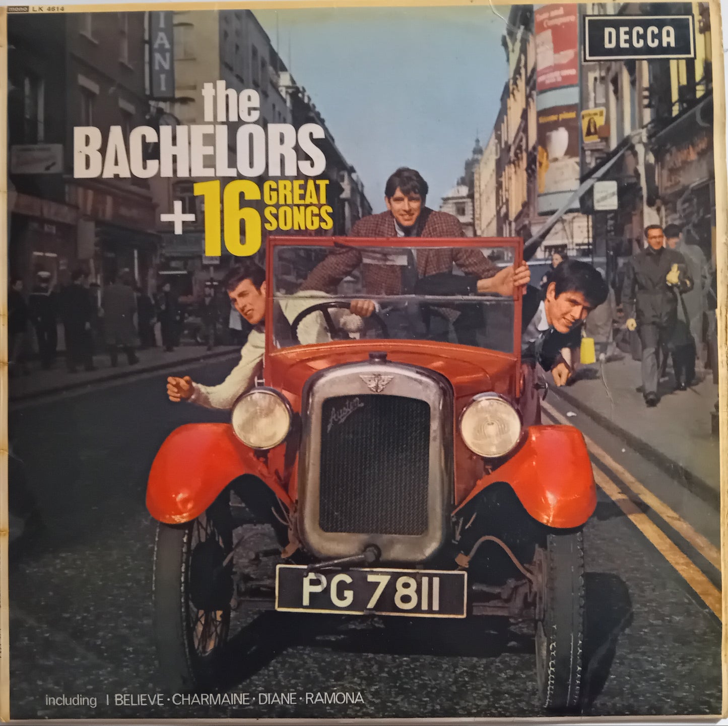 Album cover for 'The Bachelors + 16 Great Songs' featuring a vintage car on a city street.