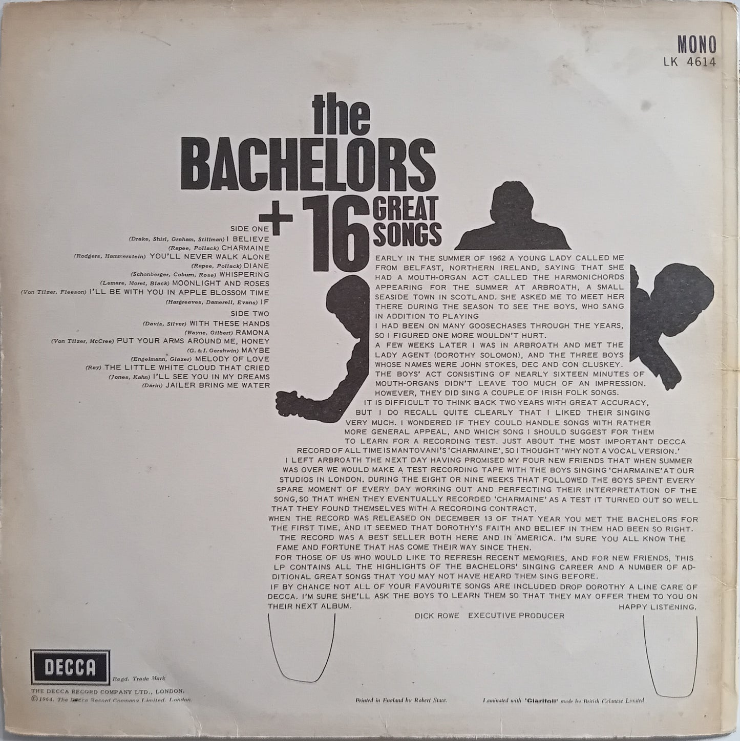 Back cover of a vinyl record with text and silhouette graphics, featuring the title 'The Bachelors + 16 Great Songs' and Decca Records logo.
