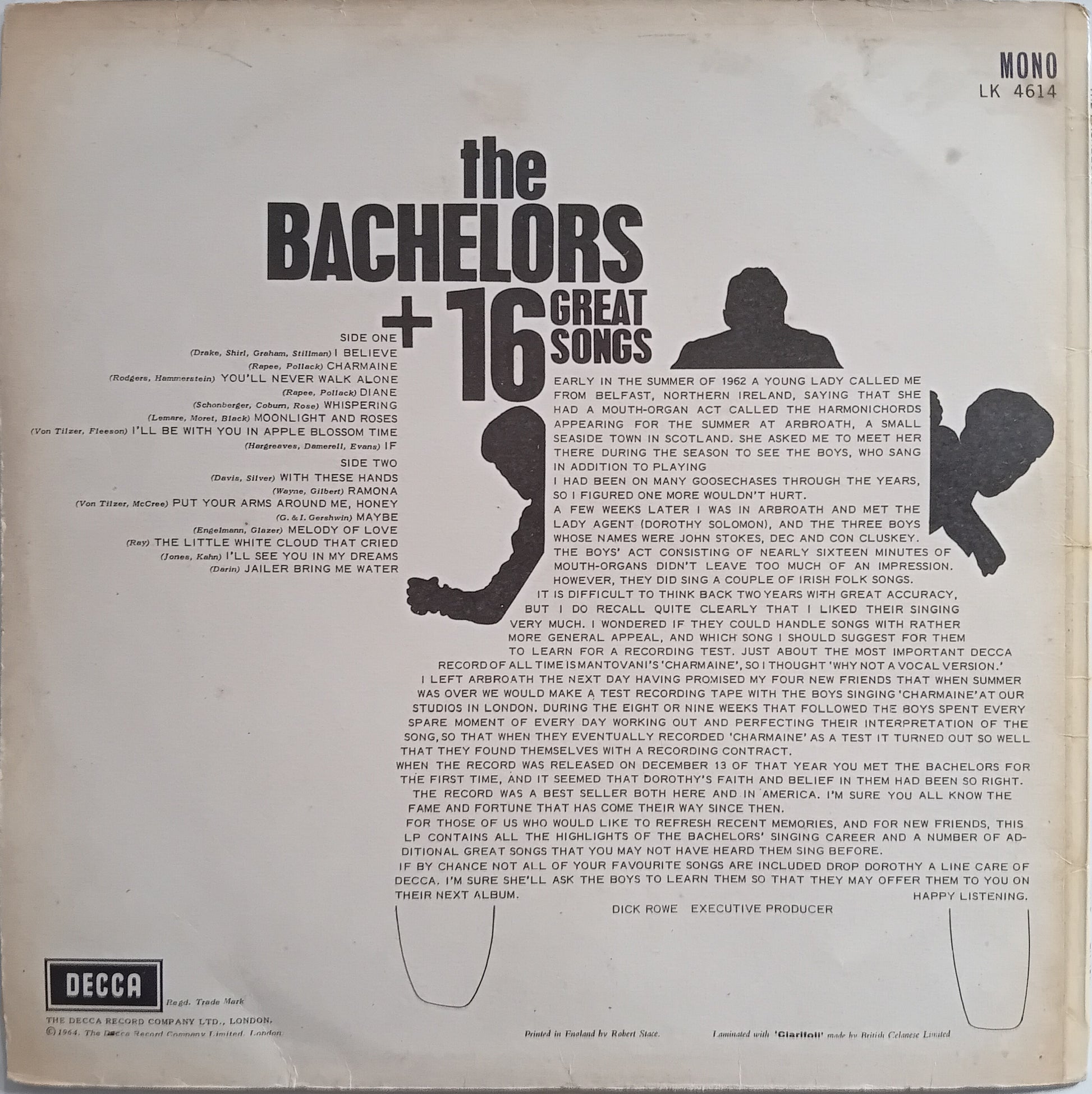 Back cover of a vinyl record with text and silhouette graphics, featuring the title 'The Bachelors + 16 Great Songs' and Decca Records logo.