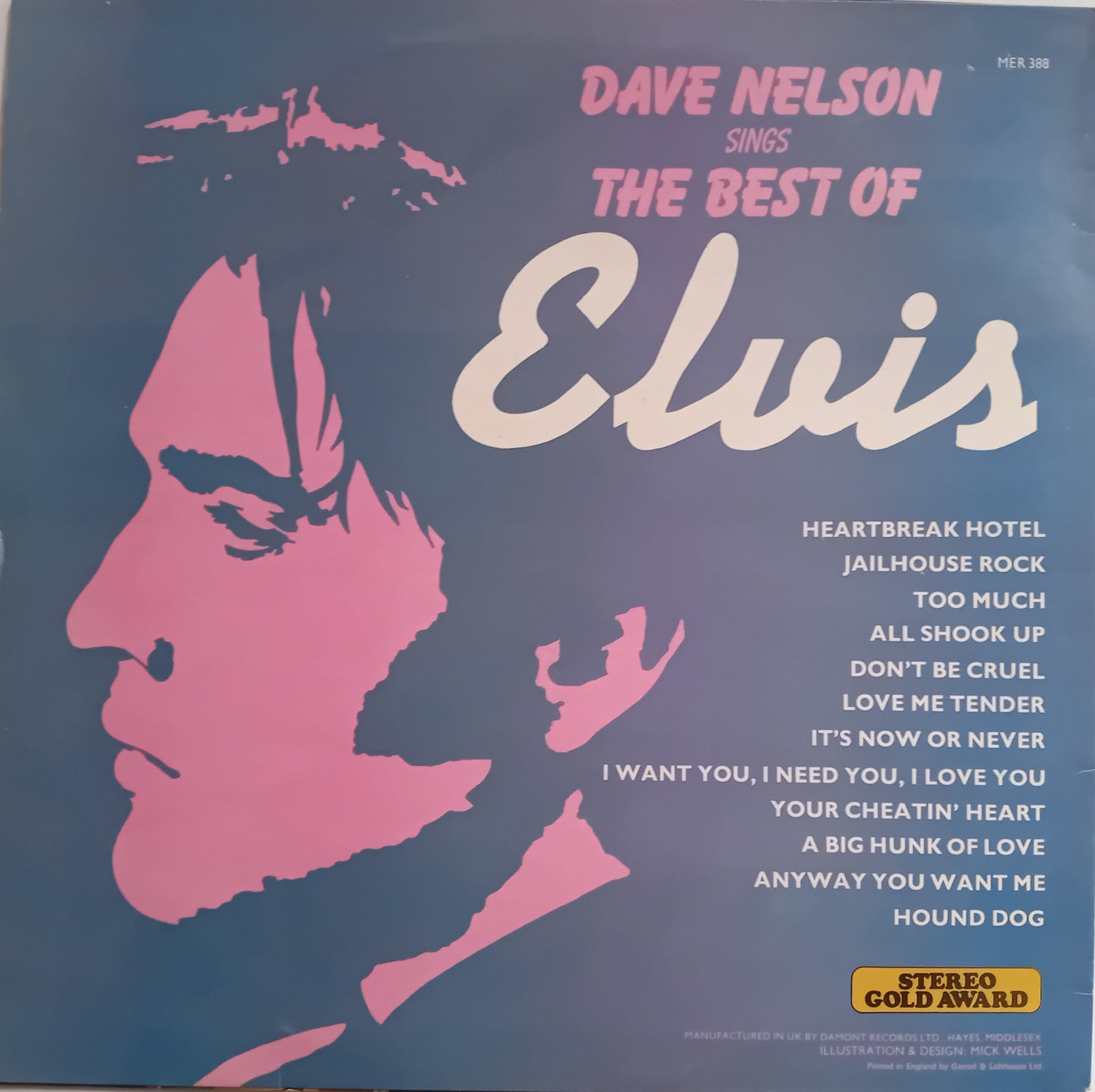 Album cover with pink silhouette of a face and text about Elvis Presley songs on a blue background