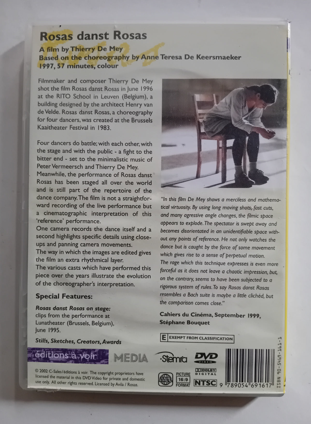 Back cover of a DVD with text and a photo of a dancer on a chair.