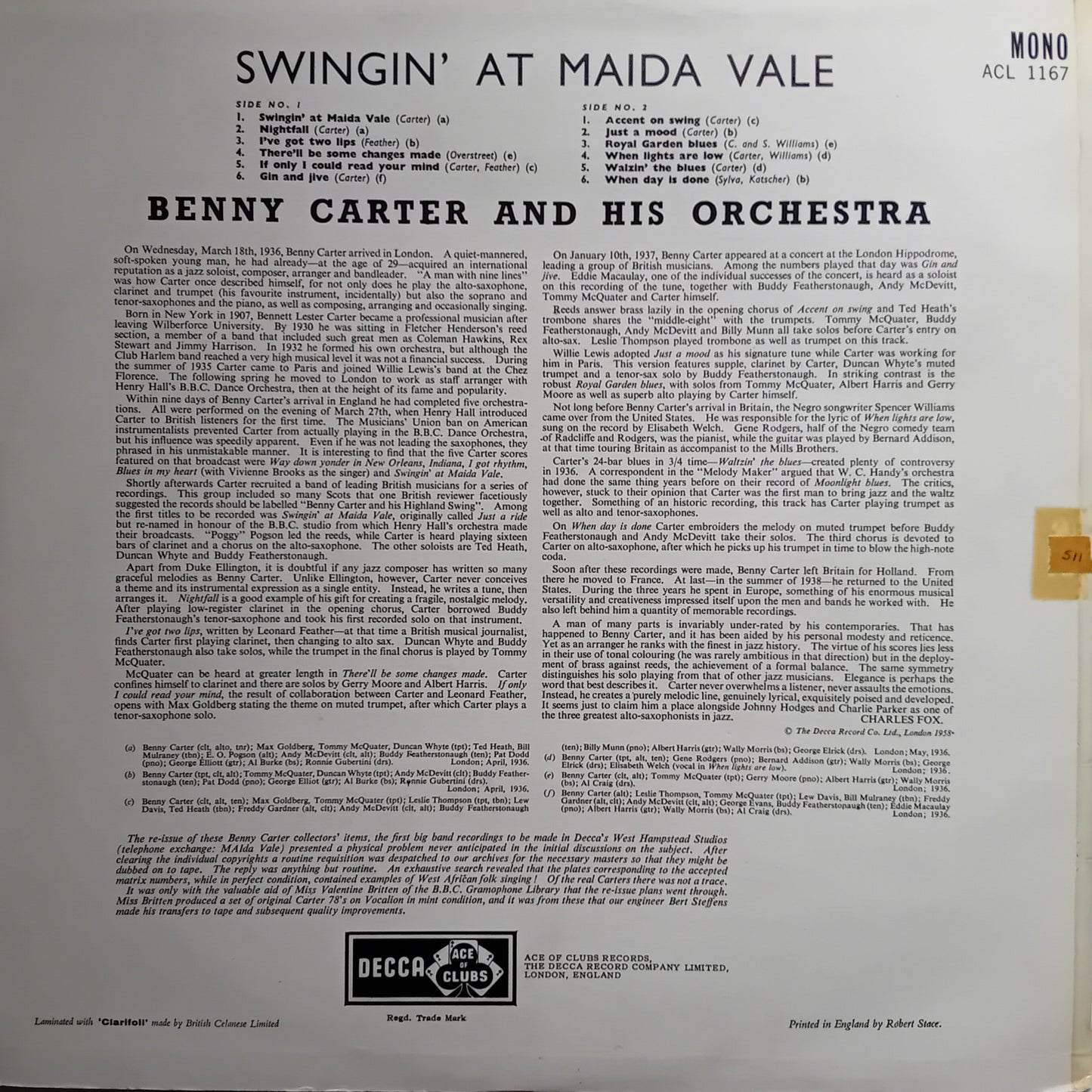 Benny Carter And His Orchestra – Swingin' At Maida Vale (Ace Of Clubs 1964) 12" vinyl LP VG/VG