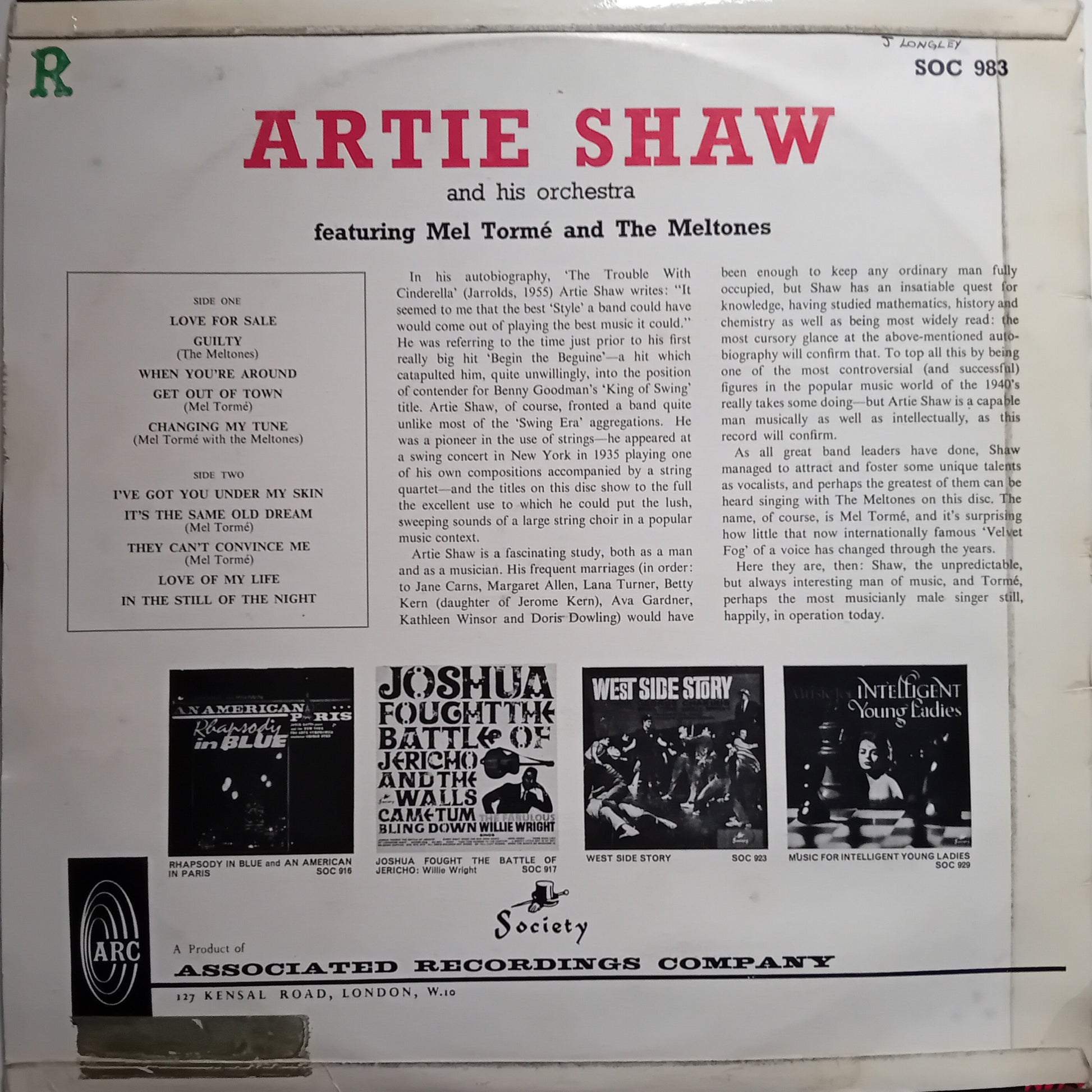 Back cover of an Artie Shaw album with text and black and white images.