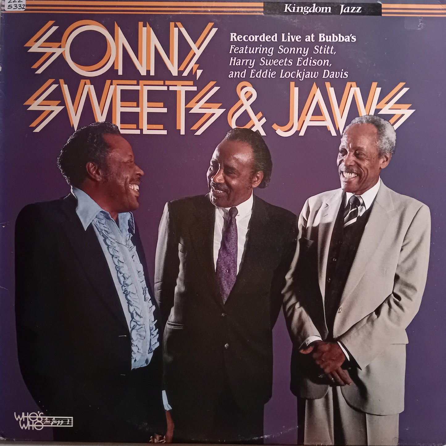 Album cover featuring three men in suits with text about Sonny Stitt, Harry Sweats Edison, and Eddie Lockjaw Davis.