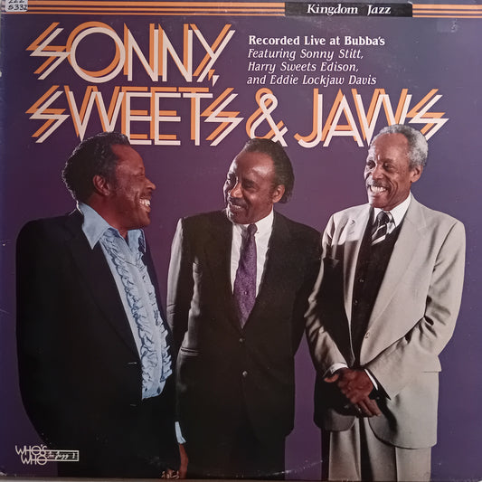 Album cover featuring three men in suits with text about Sonny Stitt, Harry Sweats Edison, and Eddie Lockjaw Davis.