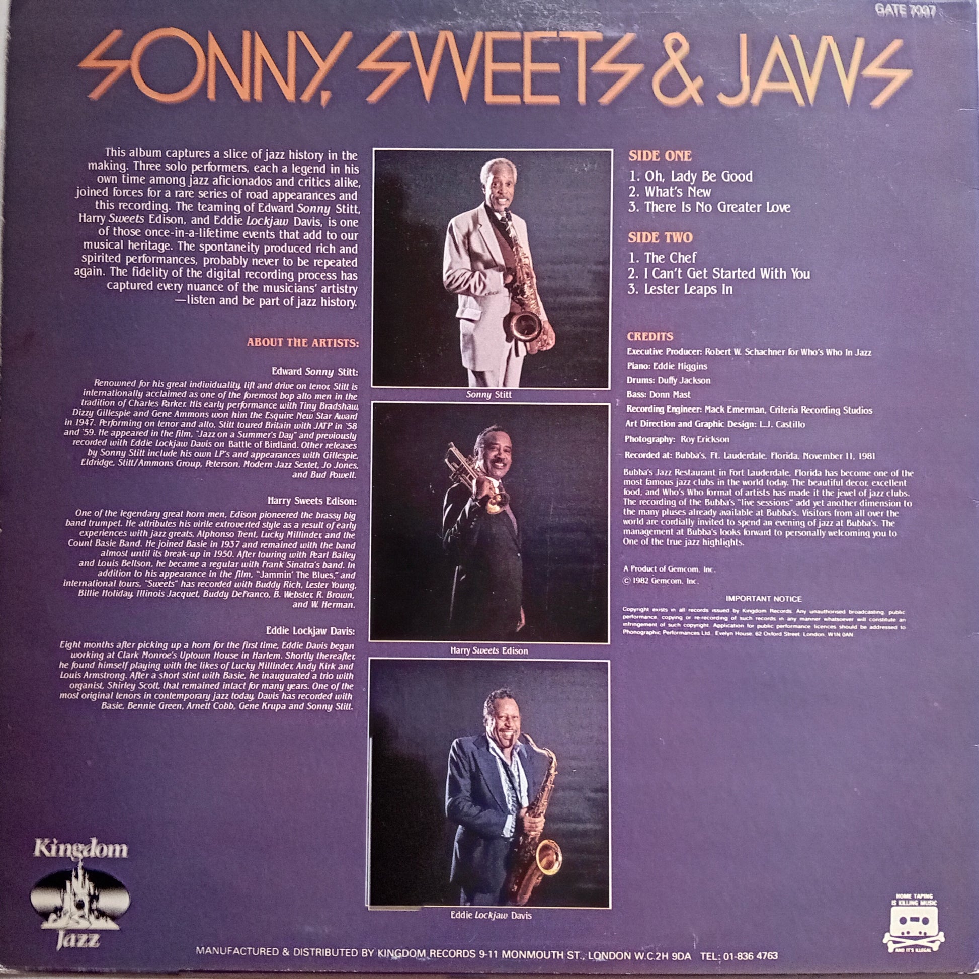 Back cover of a vinyl album titled 'Sonny, Sweets & Jaws' with images and text about the artists and tracklist.