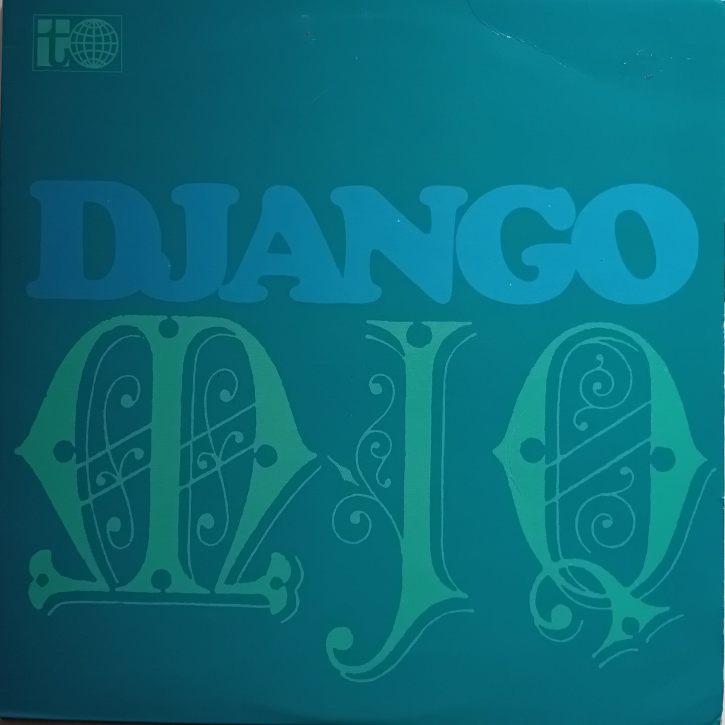 A square vinyl record cover for the jazz album 'Django' by Modern Jazz Quartet, featuring a teal and green colour scheme with stylized gothic lettering.
