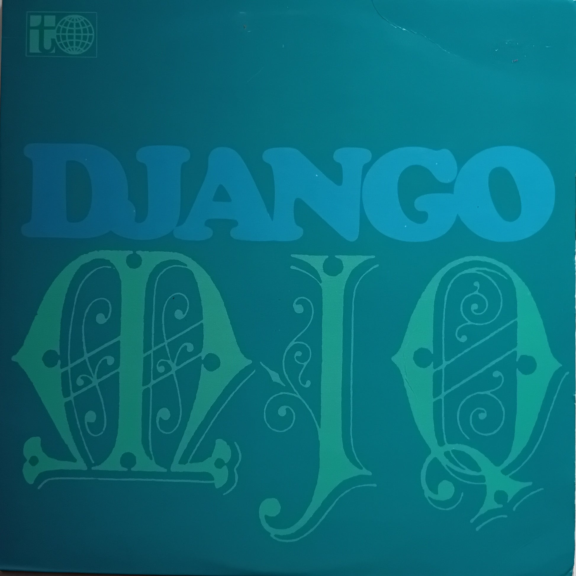 A square vinyl record cover for the jazz album 'Django' by Modern Jazz Quartet, featuring a teal and green colour scheme with stylized gothic lettering.
