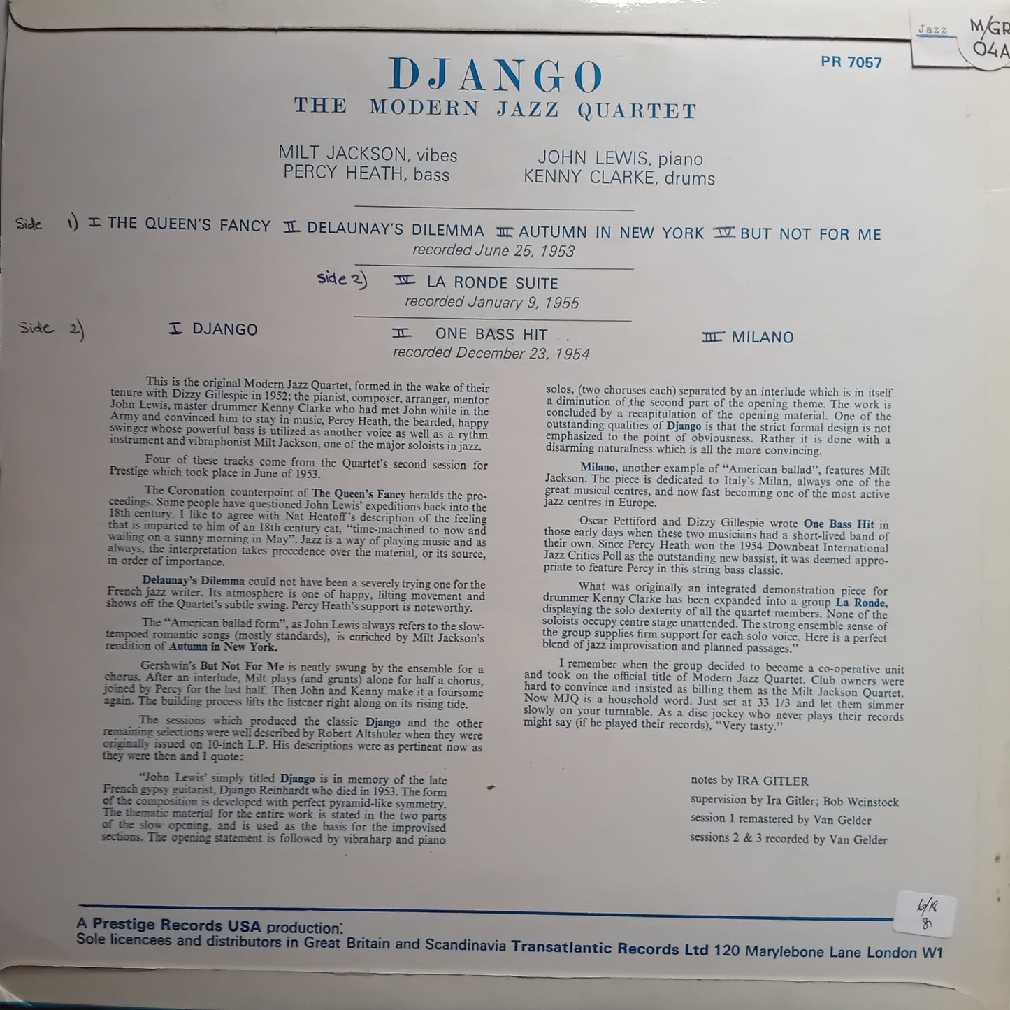 A printed album cover for Django: The Modern Jazz Quartet, with handwritten notes and track listings on a white page. Visible text includes the title 'Django', artist names, recording dates, and publisher information for Prestige Records.