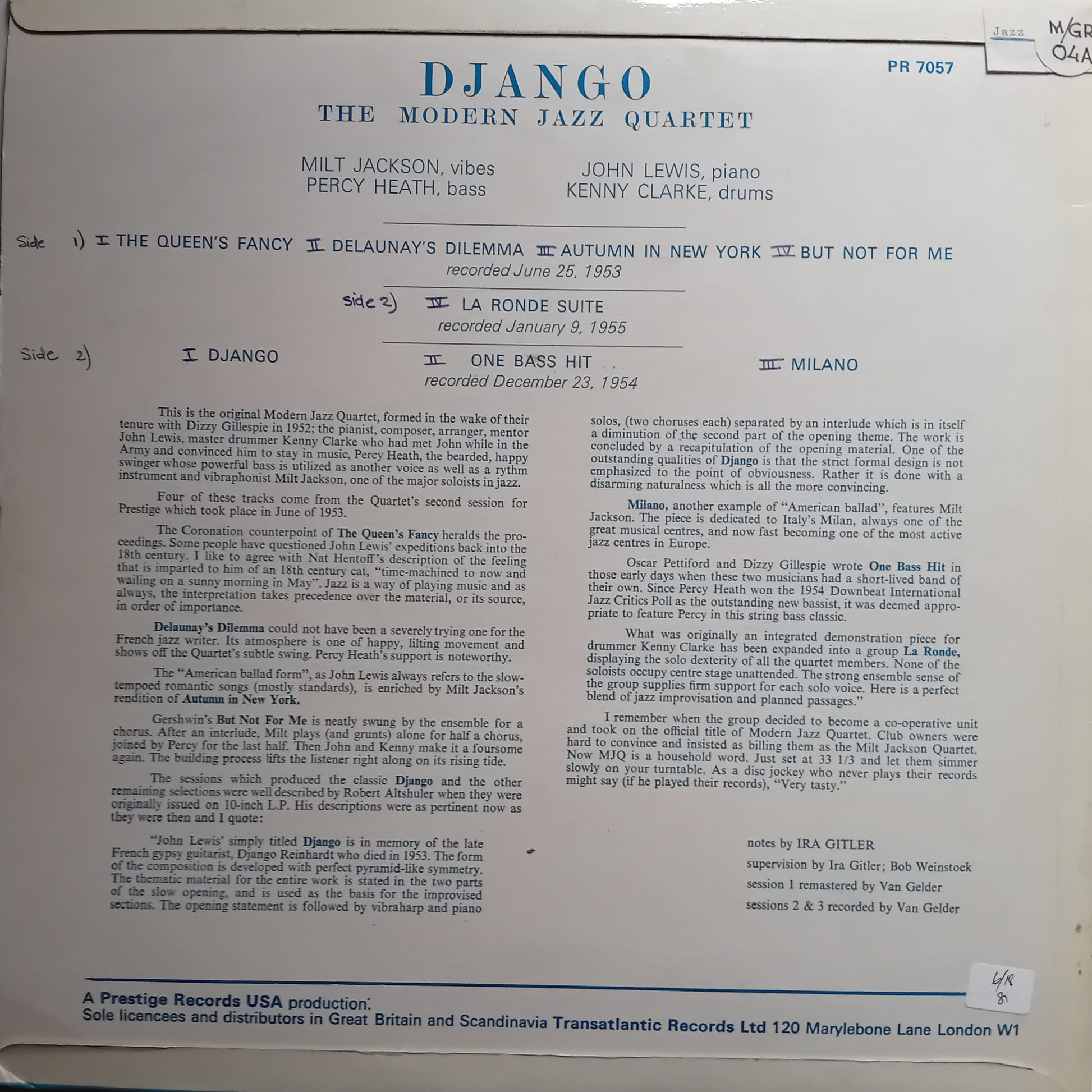 A printed album cover for Django: The Modern Jazz Quartet, with handwritten notes and track listings on a white page. Visible text includes the title 'Django', artist names, recording dates, and publisher information for Prestige Records.