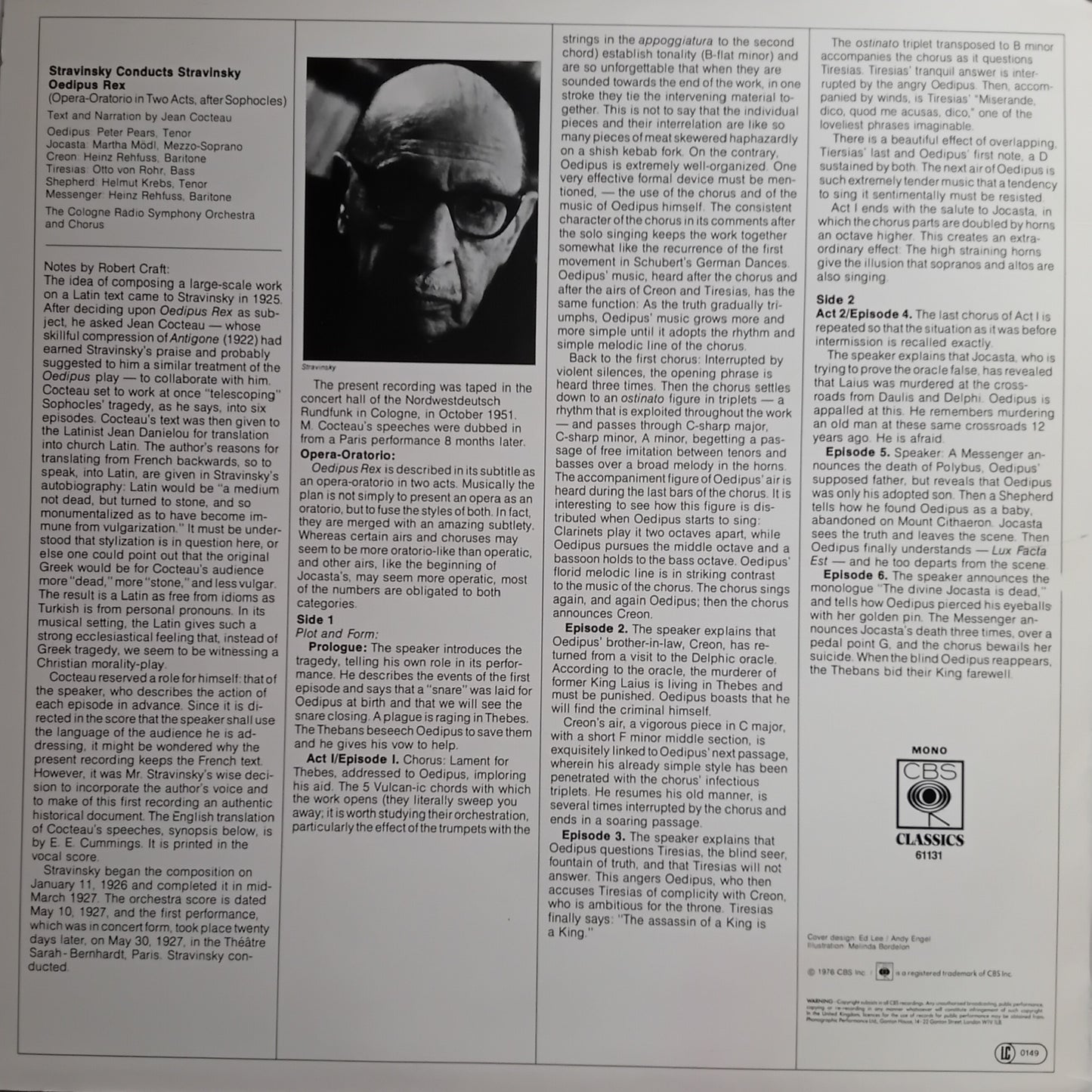 Stravinsky - Conducts Stravinsky - Oedipus Rex (CBS 1976) 12" vinyl LP VG/VG