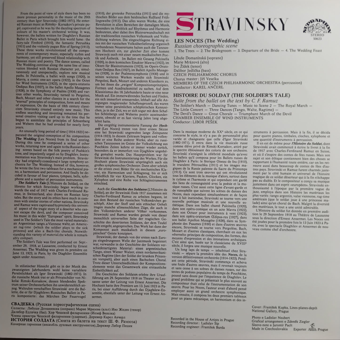 The back cover of a Stravinsky sheet music book or CD, featuring dense columns of black text on a light gray background with the title 'STRAVINSKY' in large red letters at the top.