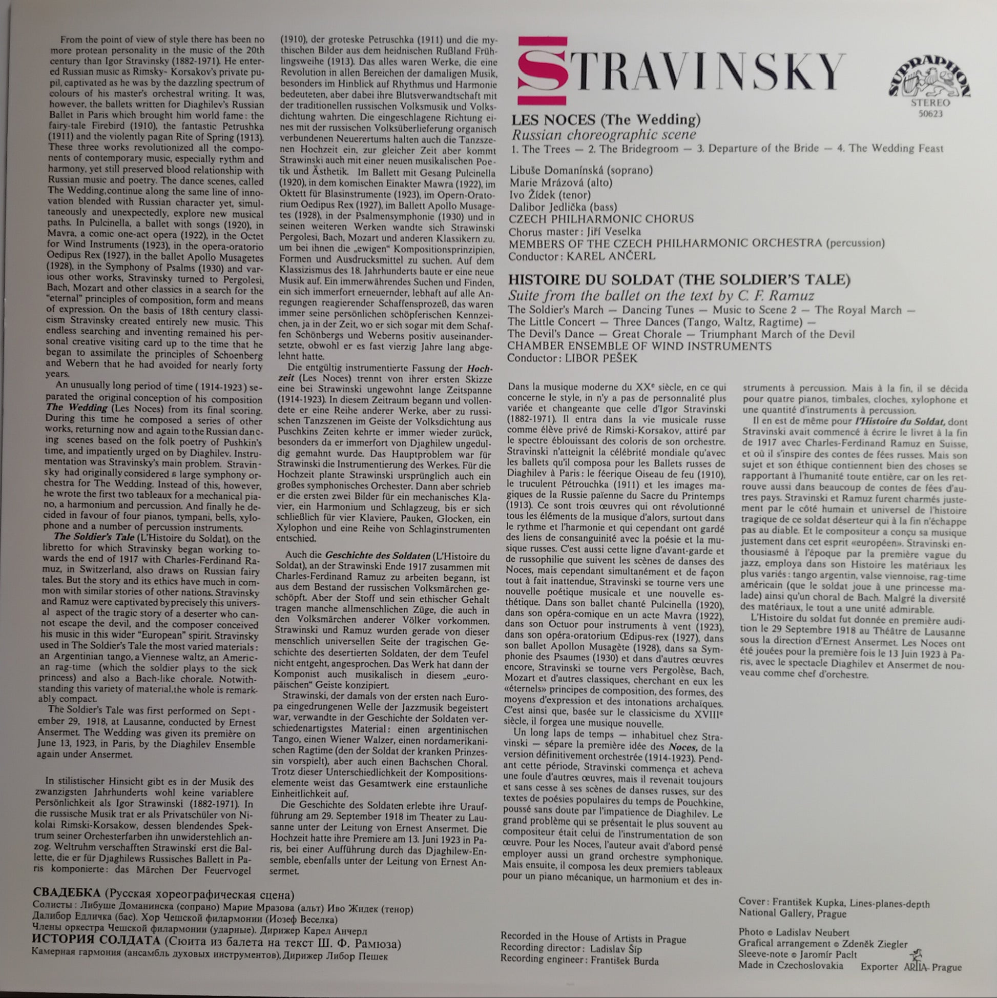 The back cover of a Stravinsky sheet music book or CD, featuring dense columns of black text on a light gray background with the title 'STRAVINSKY' in large red letters at the top.
