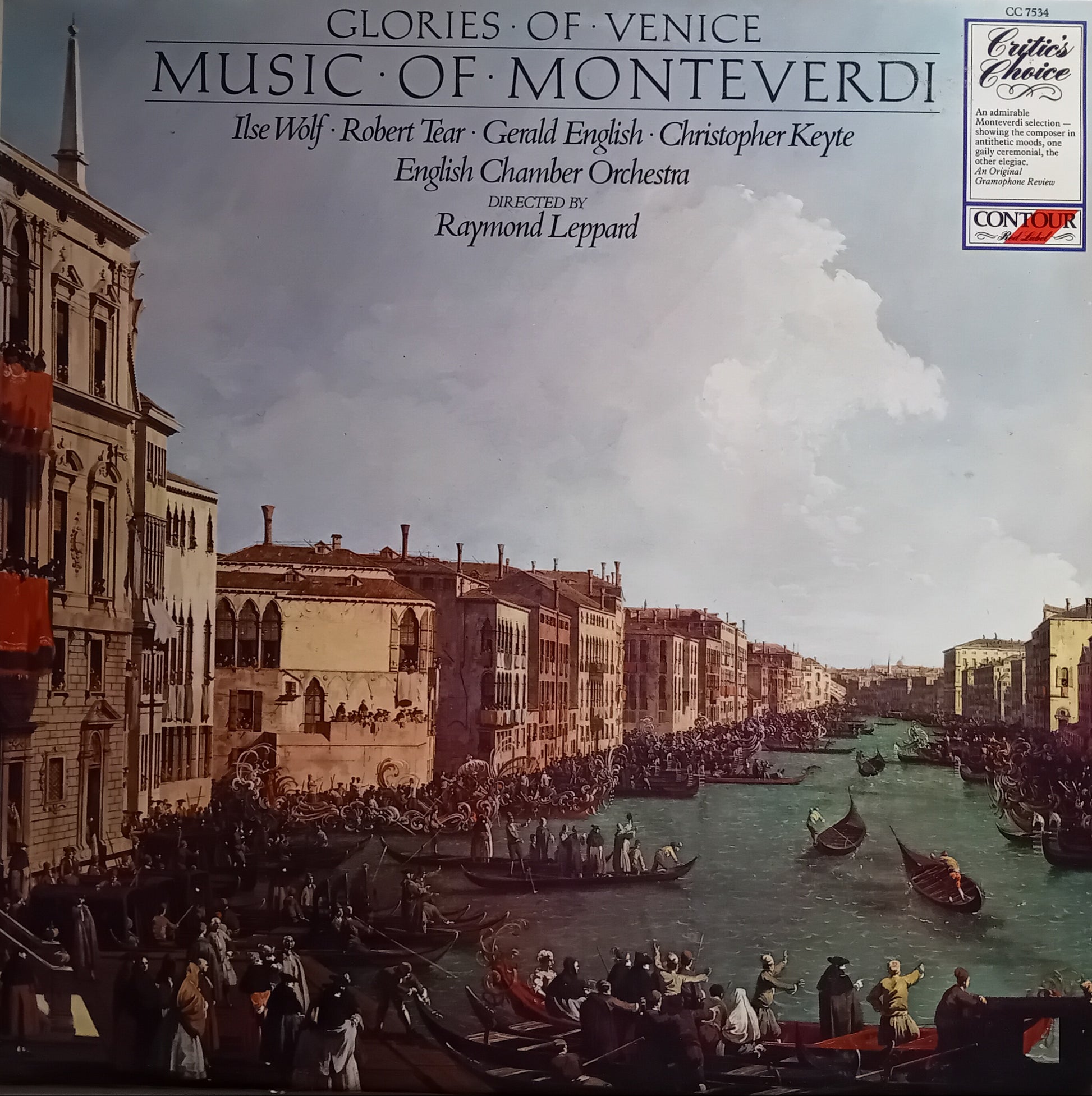 Vinyl record album cover for 'Glories of Venice: Music of Monteverdi' featuring a painting of a Venice canal scene with gondolas and historic buildings. The Contour label logo is visible in the top right corner.