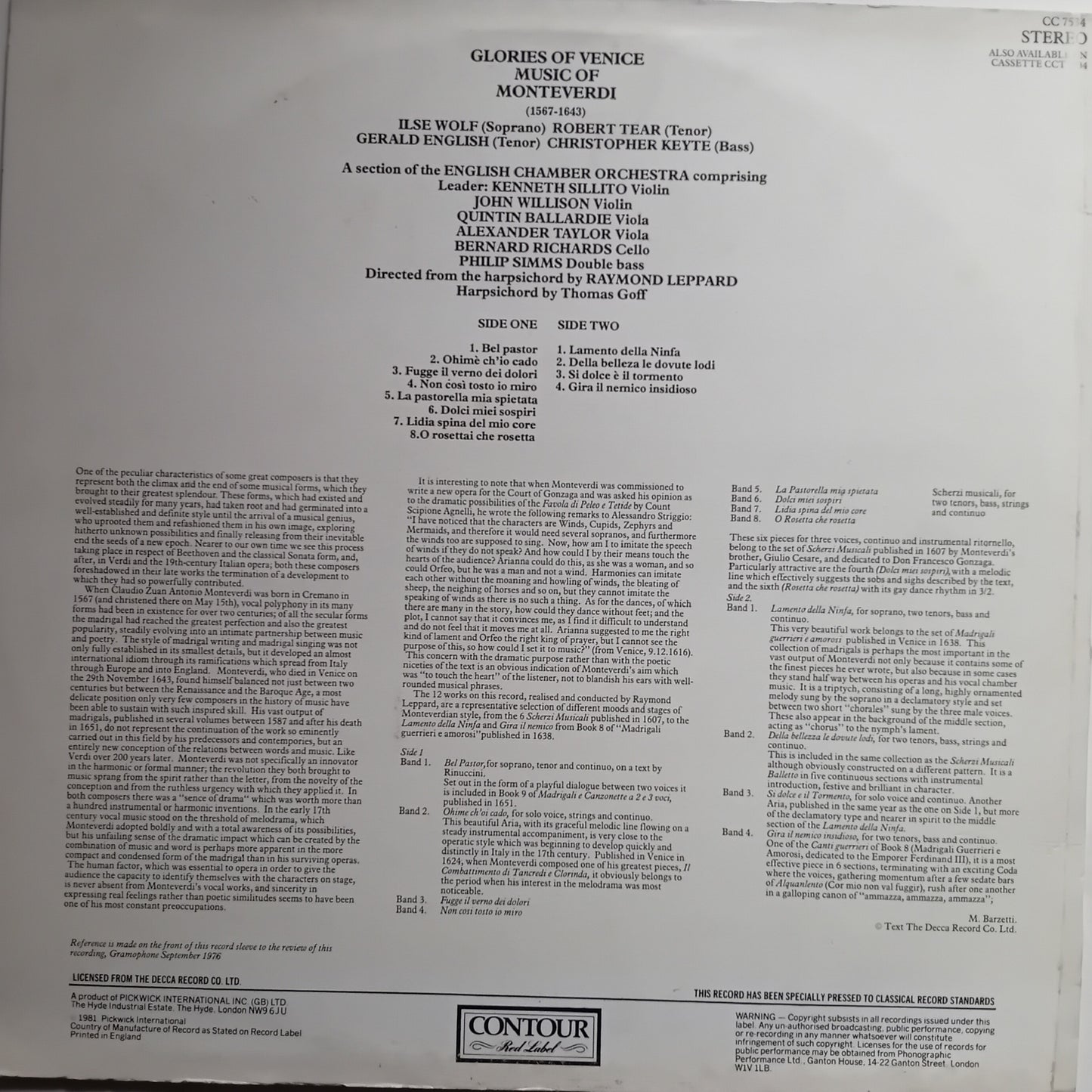 The back cover of a vinyl record sleeve for 'Glories of Venice: Music of Monteverdi' by the English Chamber Orchestra, showing track listings, conductor credits, and Contour Records branding.