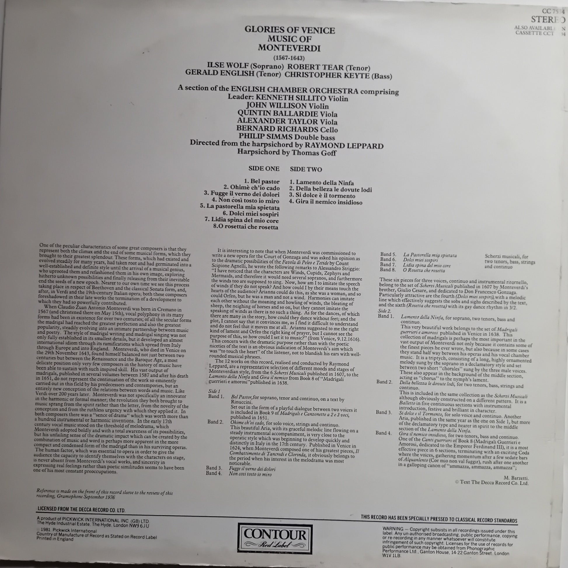 The back cover of a vinyl record sleeve for 'Glories of Venice: Music of Monteverdi' by the English Chamber Orchestra, showing track listings, conductor credits, and Contour Records branding.