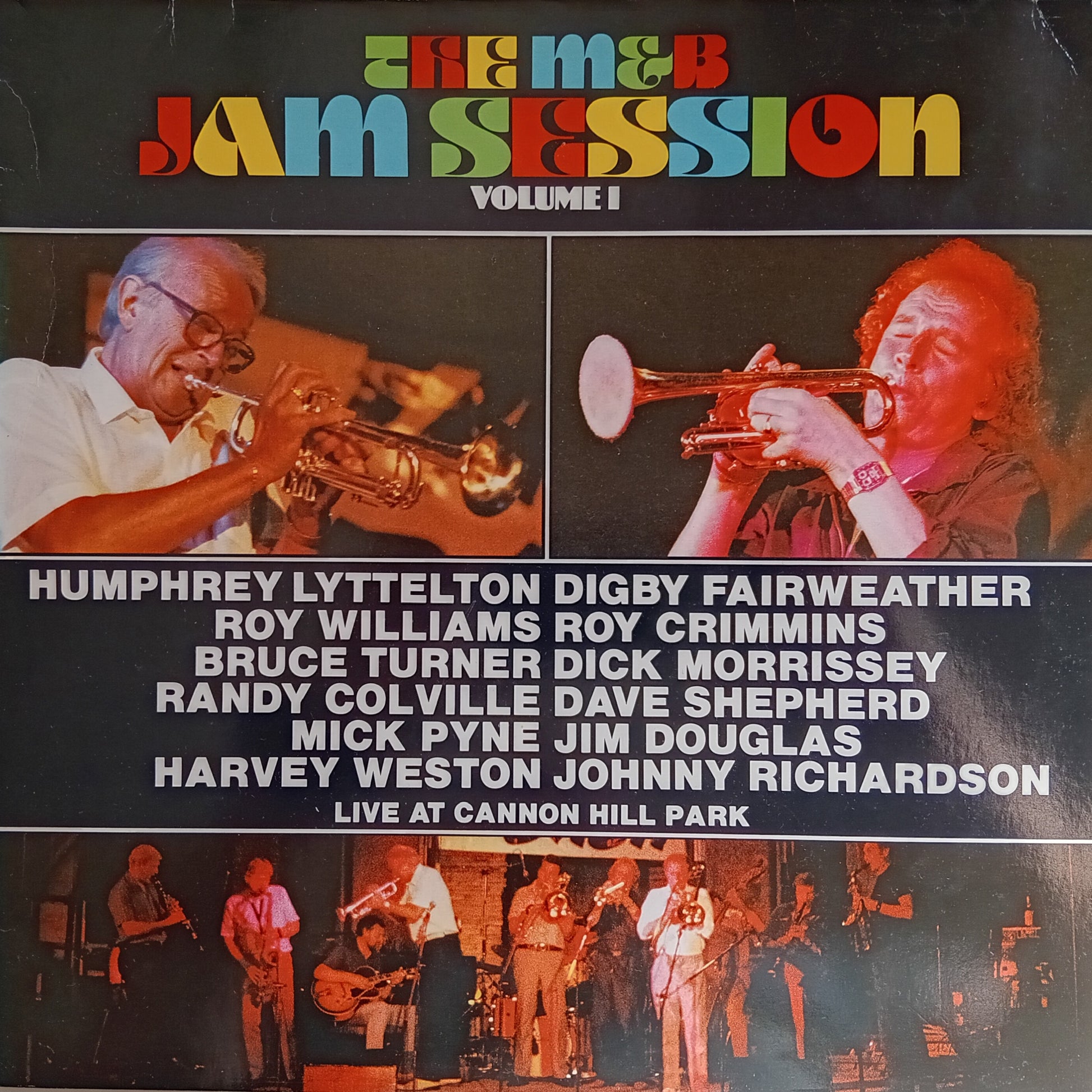 Album cover for 'The M&B Jam Session Volume I' featuring musicians playing instruments.