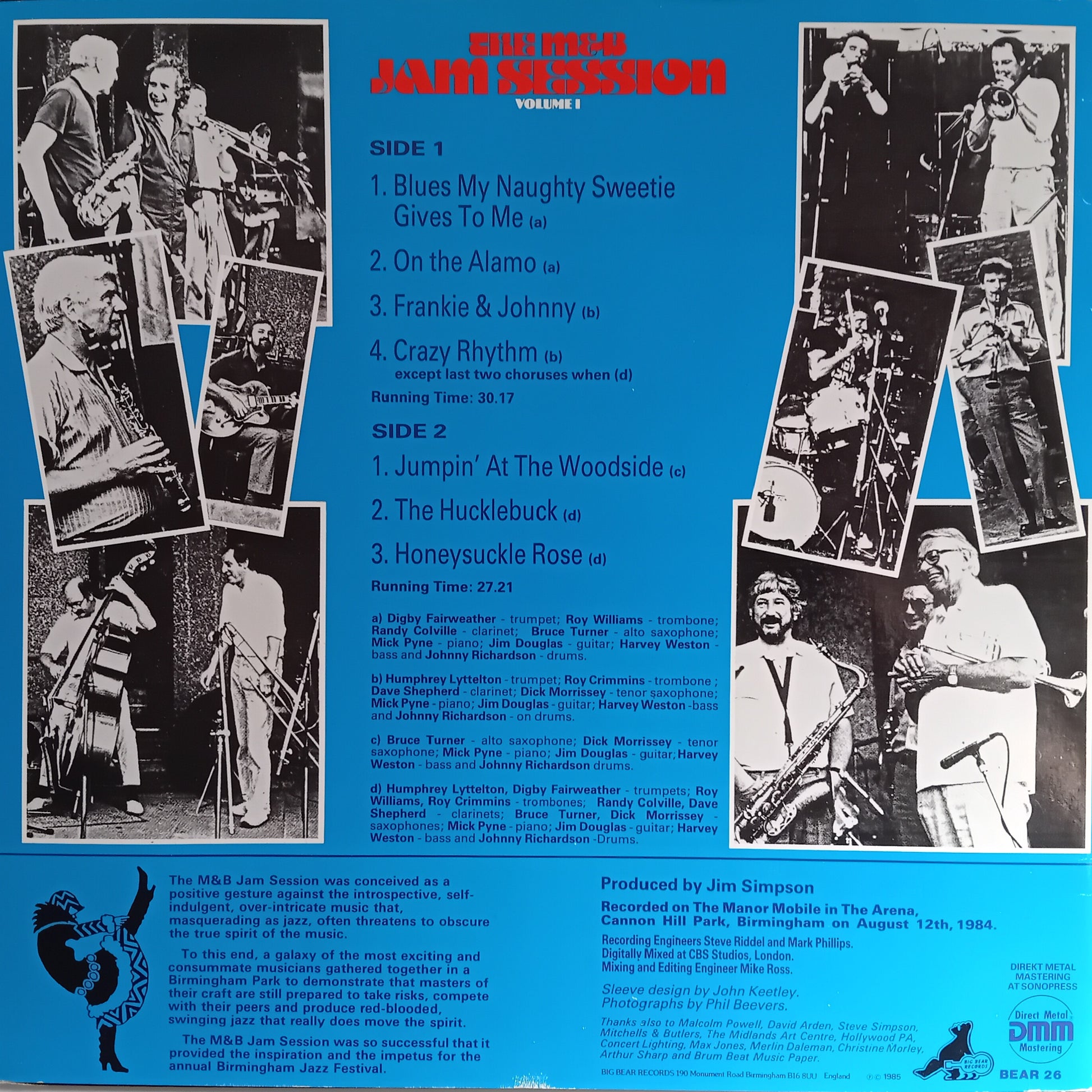 Album cover with black and white photos of musicians and text on a blue background