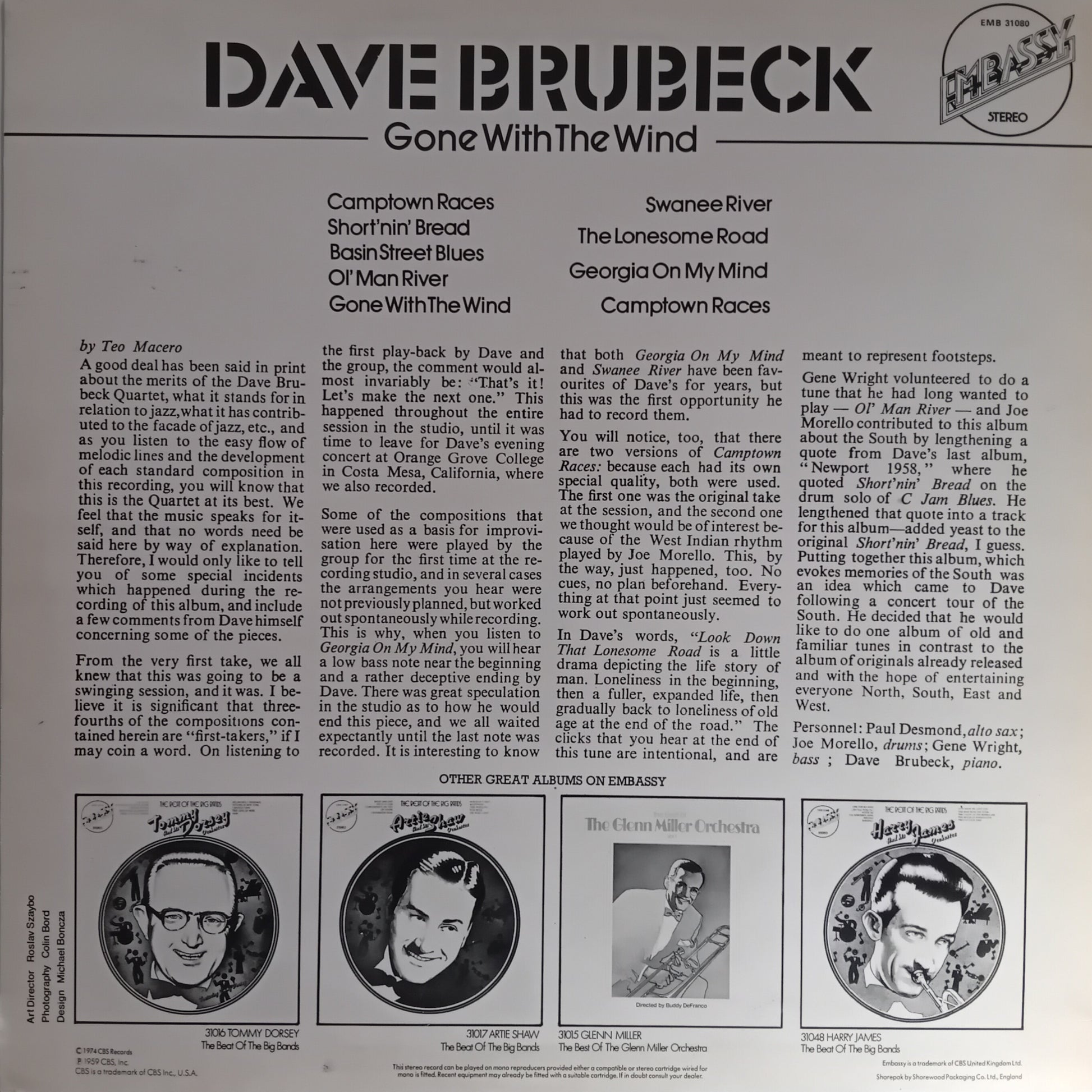 Back cover of a Dave Brubeck album with text and small images of the artist.