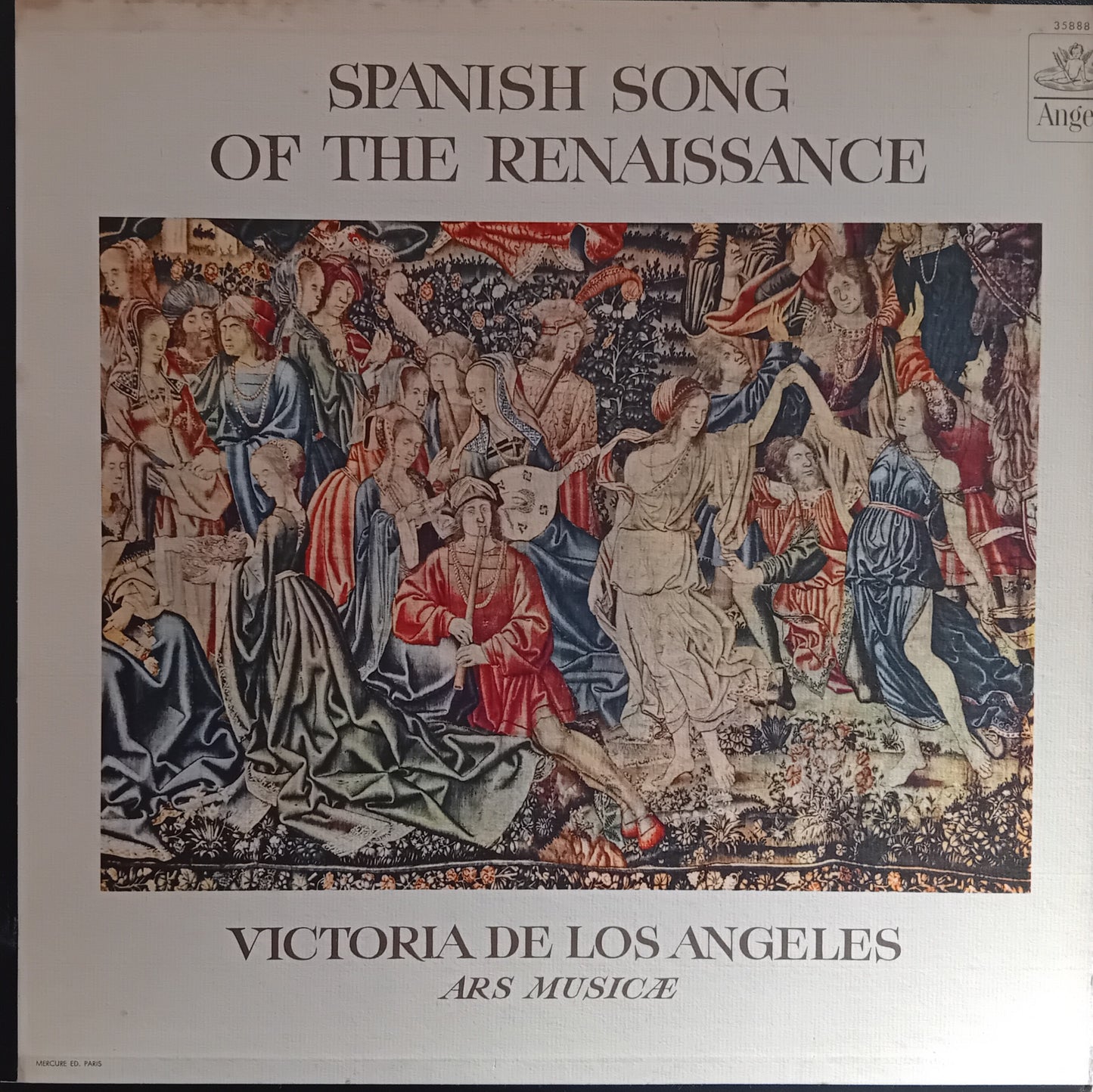 Album cover for 'Spanish Song of the Renaissance' featuring a tapestry-style illustration of classical music scene.