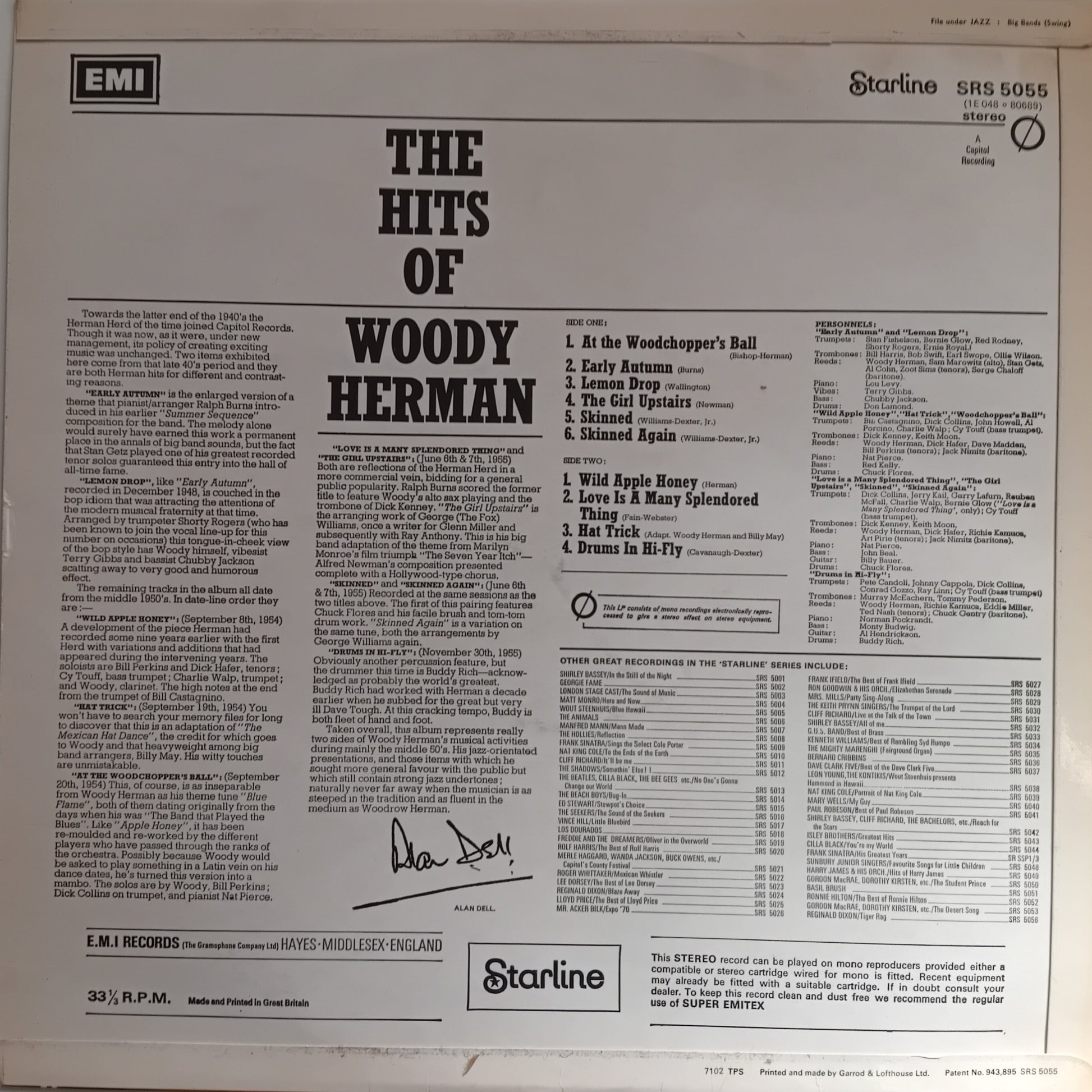 Back cover of a vinyl record featuring 'The Hits of Woody Herman' with text and EMI branding.