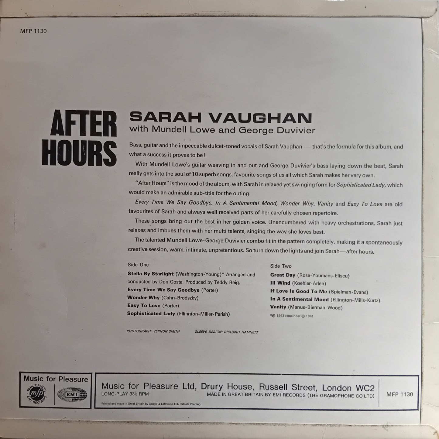 Back cover of a vinyl record featuring text about Sarah Vaughan's album 'After Hours'.