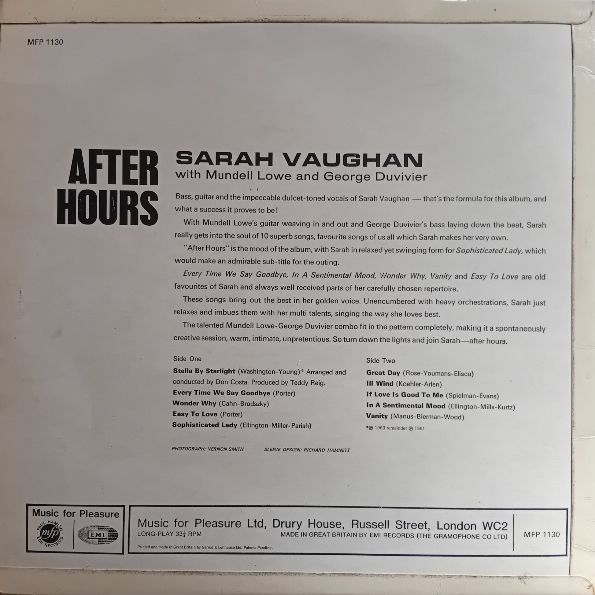 Back cover of a vinyl record featuring text about Sarah Vaughan's album 'After Hours'.