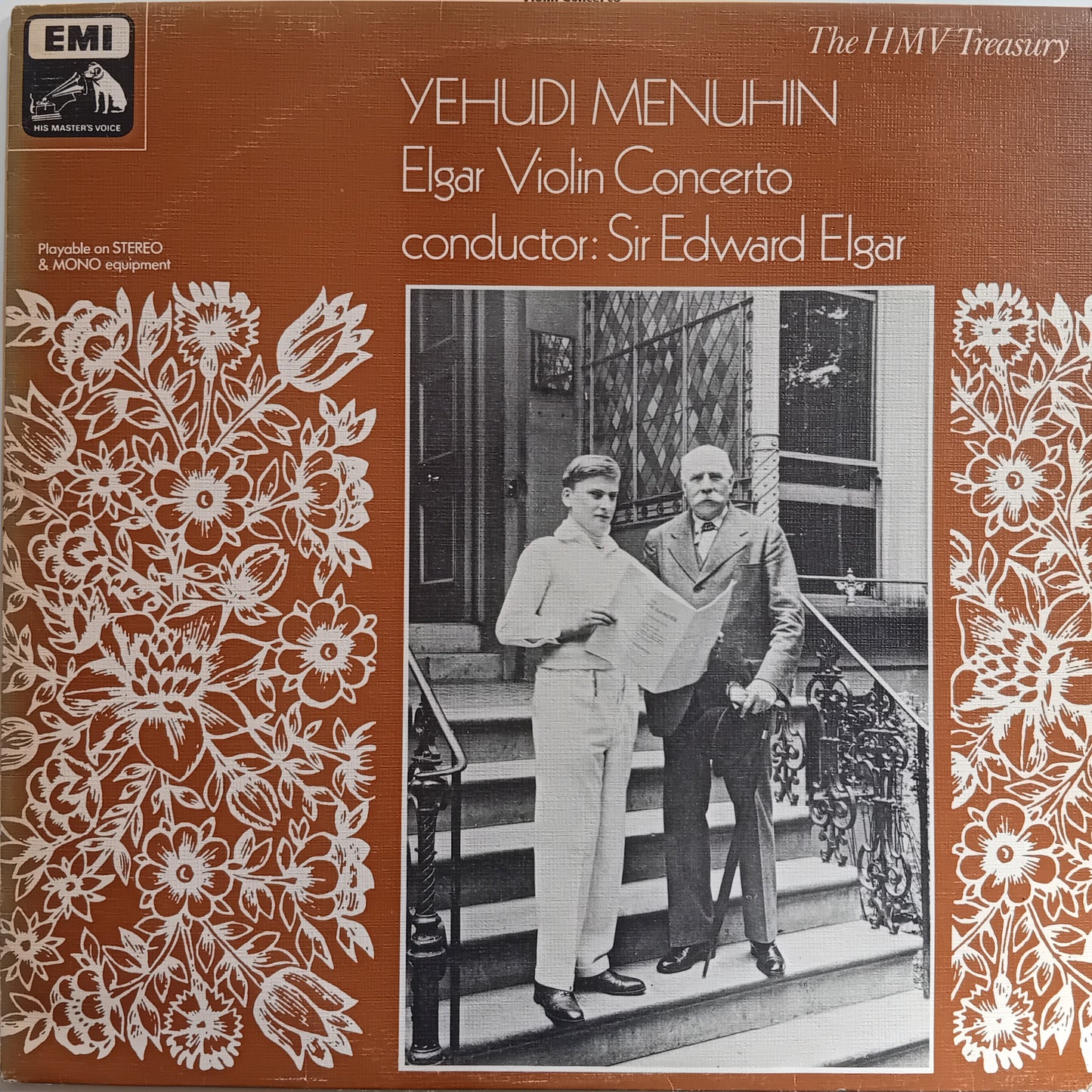 Album cover for Yehudi Menuhin's Elgar Violin Concerto featuring a black and white photo of two men on steps.