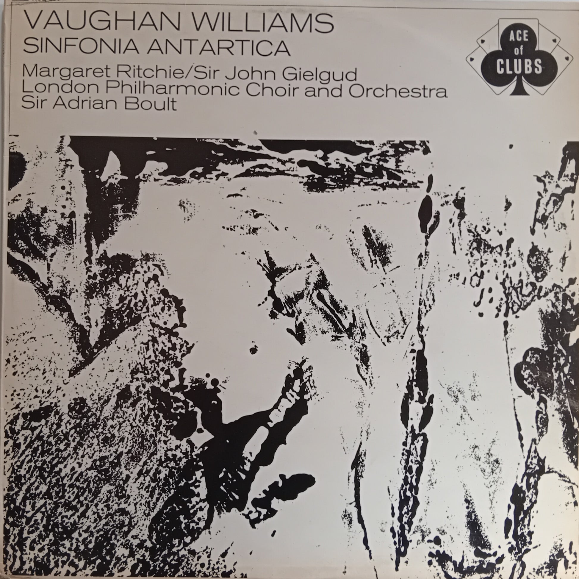 Album cover for Vaughan Williams' Sinfonia Antartica with a black and white landscape illustration.