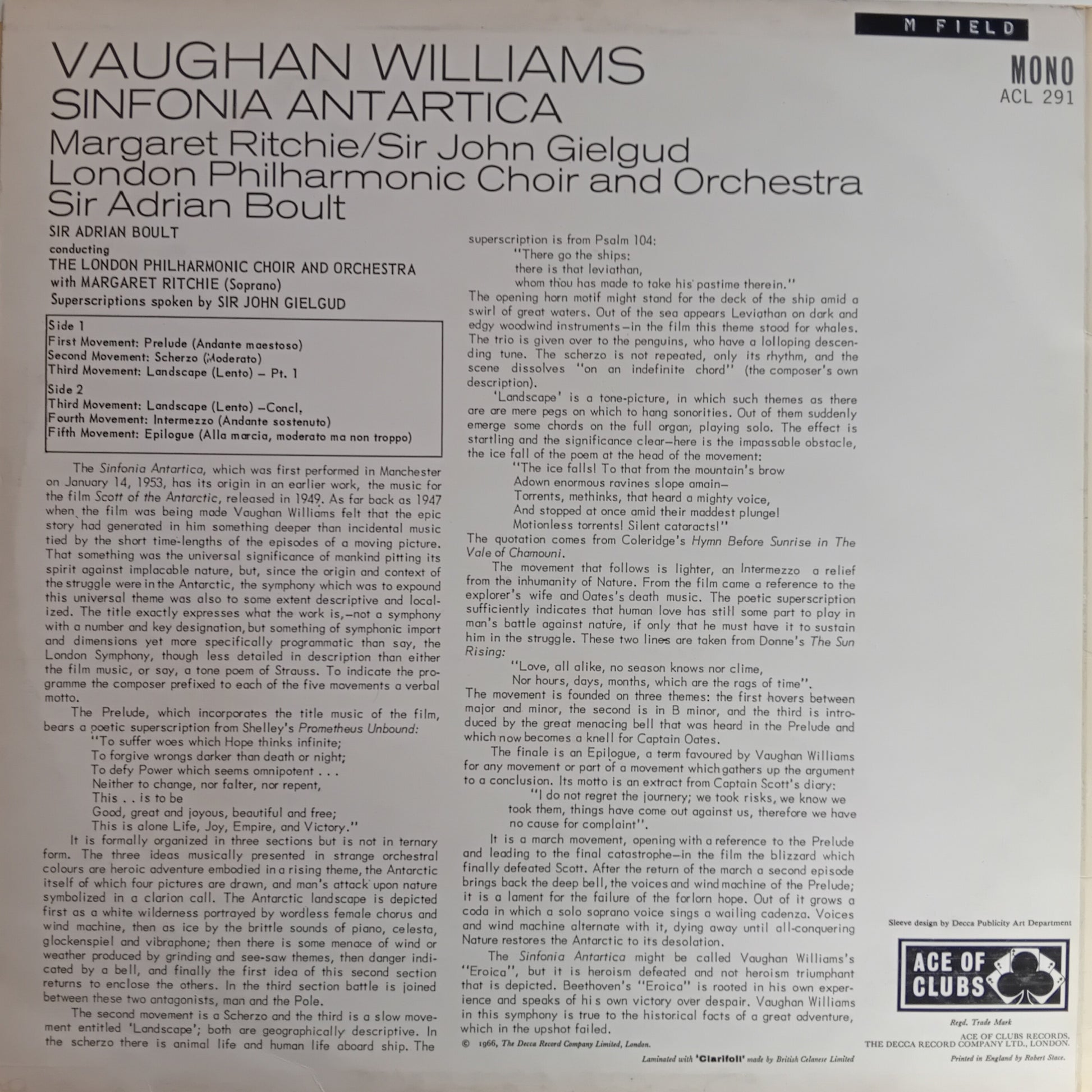 Back cover of a vinyl record featuring text about Vaughan Williams' Sinfonia Antartica with a logo at the bottom.