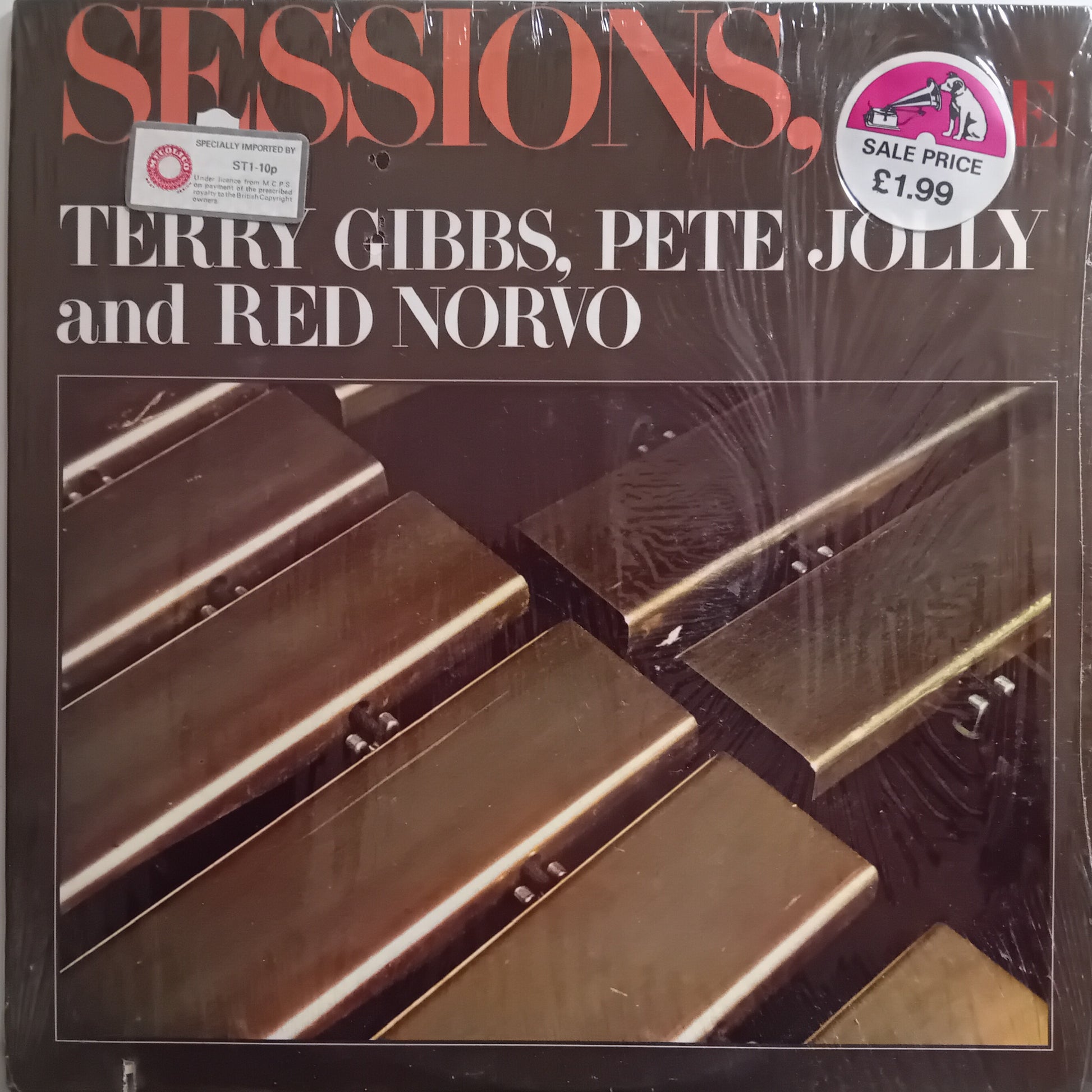 Album cover with 'Sessions' featuring Terry Gibbs, Pete Jolly, and Red Norvo, showing a close-up of metal instruments.