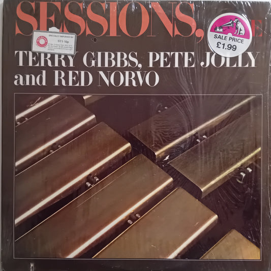 Album cover with 'Sessions' featuring Terry Gibbs, Pete Jolly, and Red Norvo, showing a close-up of metal instruments.