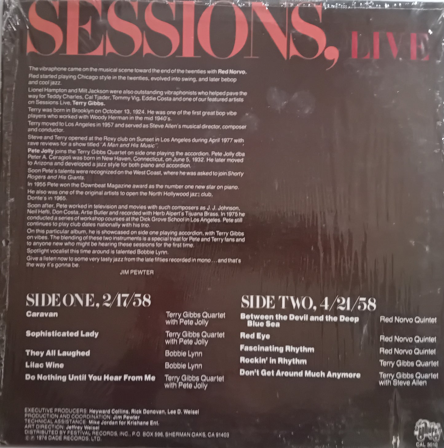 Back cover of a vinyl record with text and track listings.