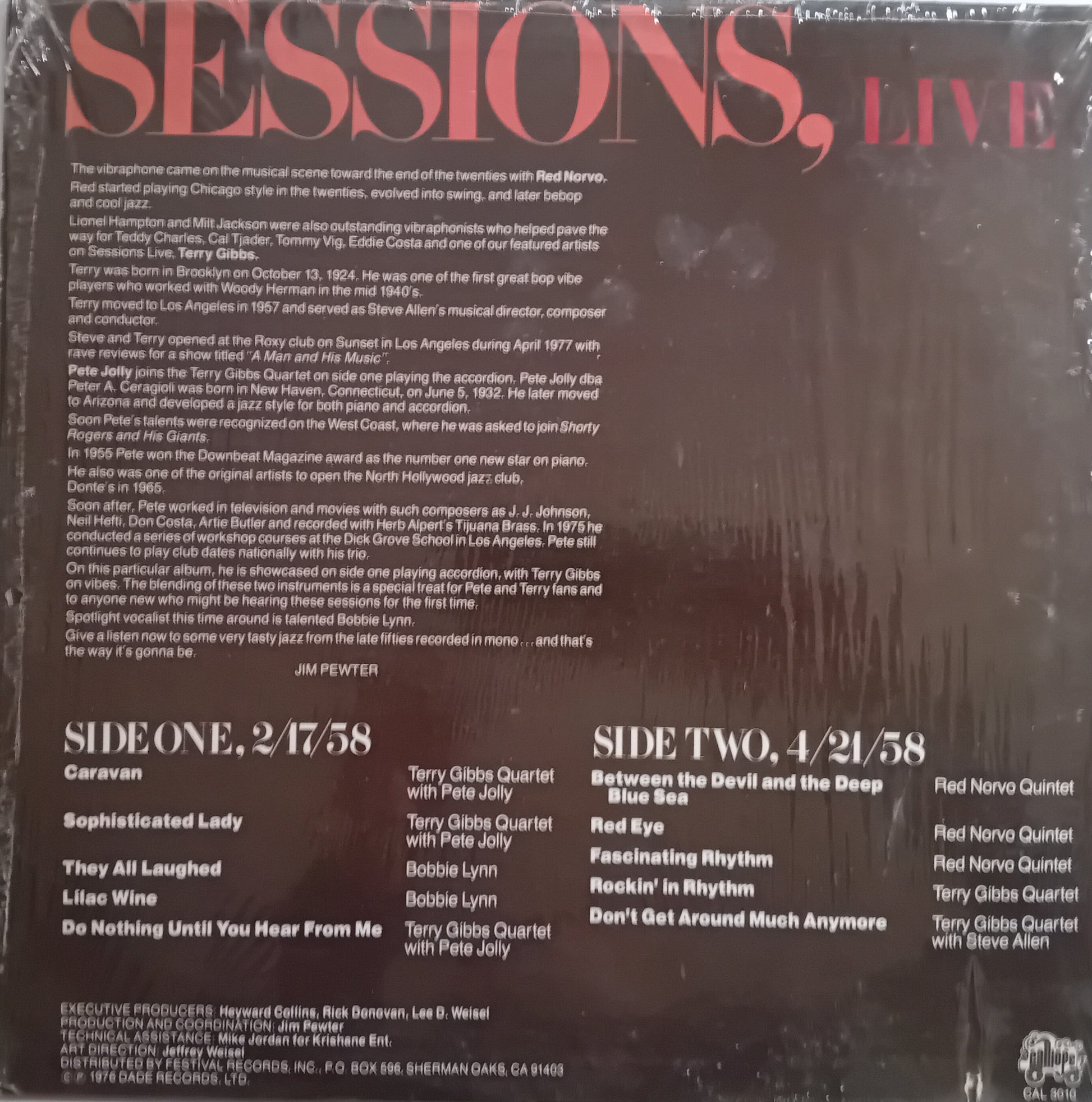 Back cover of a vinyl record with text and track listings.
